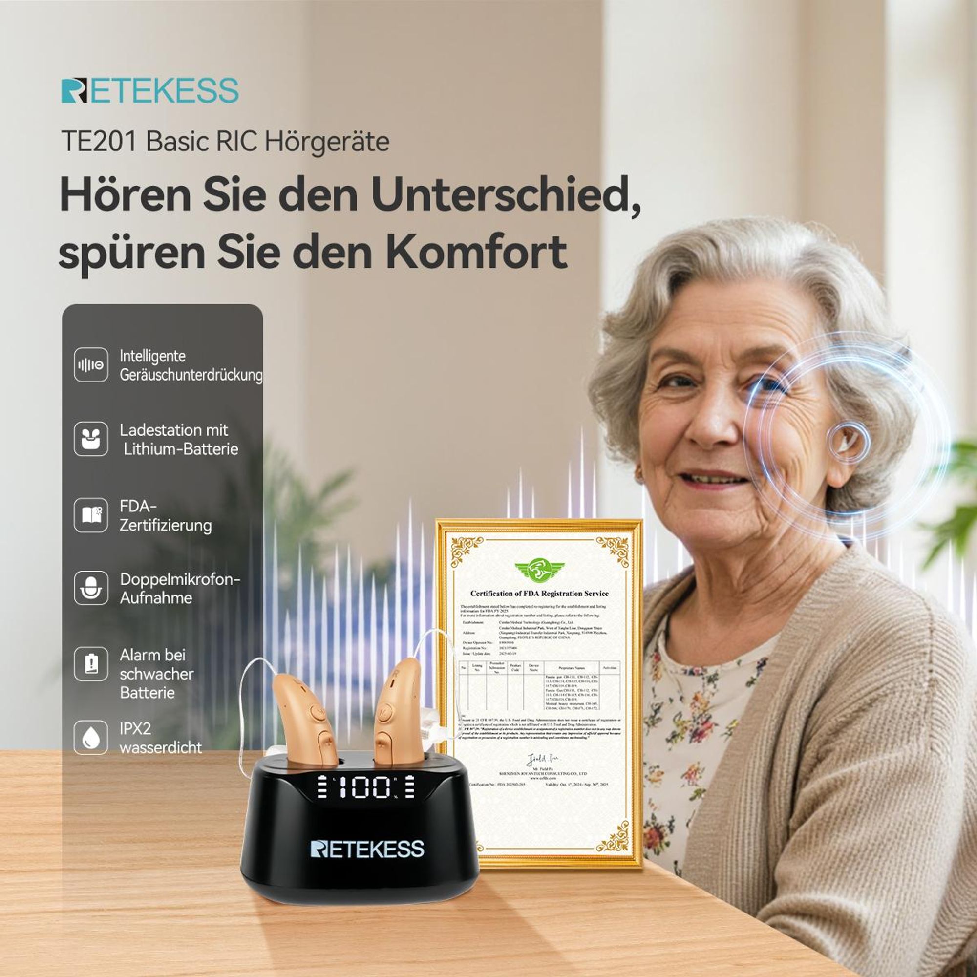 Retekess TE201 Hörhilfen, Noise Cancelling, OTC wiederaufladbares RIC-Hörgerät, Muttertagsgeschenk für leichten bis mittelschweren Hörverlust