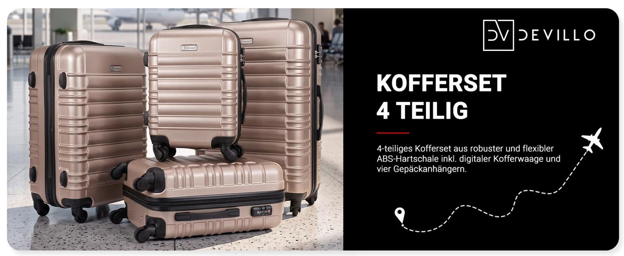Devillo® Kofferset 4tlg. S-M-L-XL, Champagner - Trolley Koffer Reisekoffer Reisekofferset Gepäck Rollkoffer TSA 4 Rollen ABS-Hartschale Teleskopgriff