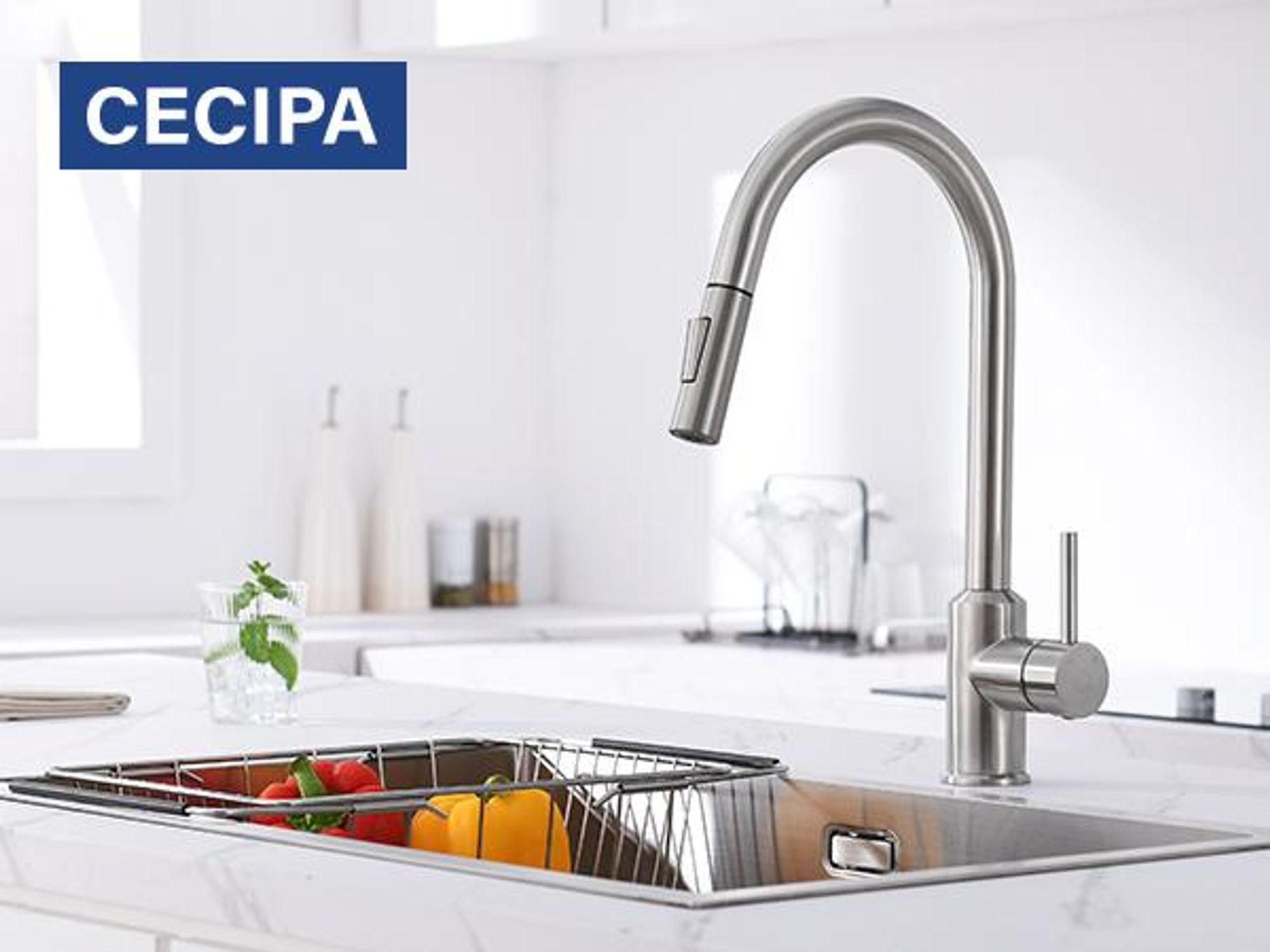 Cecipa Niederdruck Küchenarmatur Gebürsteter Edelstahl Ausziehbar, Wasserhahn Küche mit Brause, 360° Drehbar Spültischarmatur für Kleinspeicher