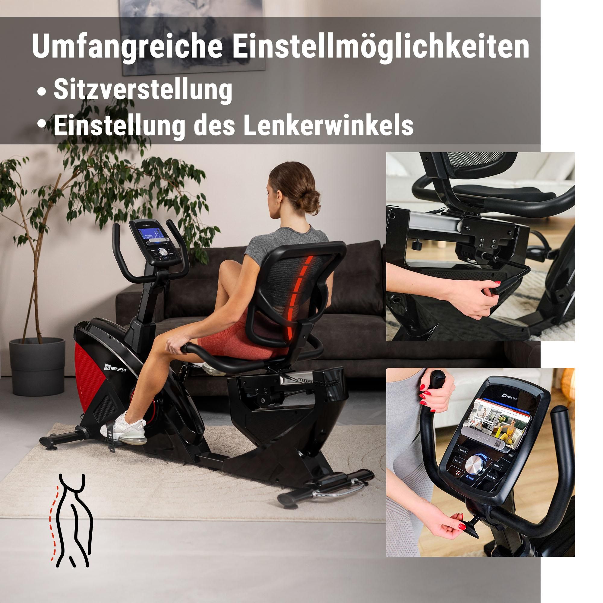 HOP SPORT® Liegeergometer für Zuhause mit 16 verstellbaren Widerstandsstufen, Leise Liegerad Heimtrainer mit Smart Bluetooth APP, Großer Bequemer Sitz