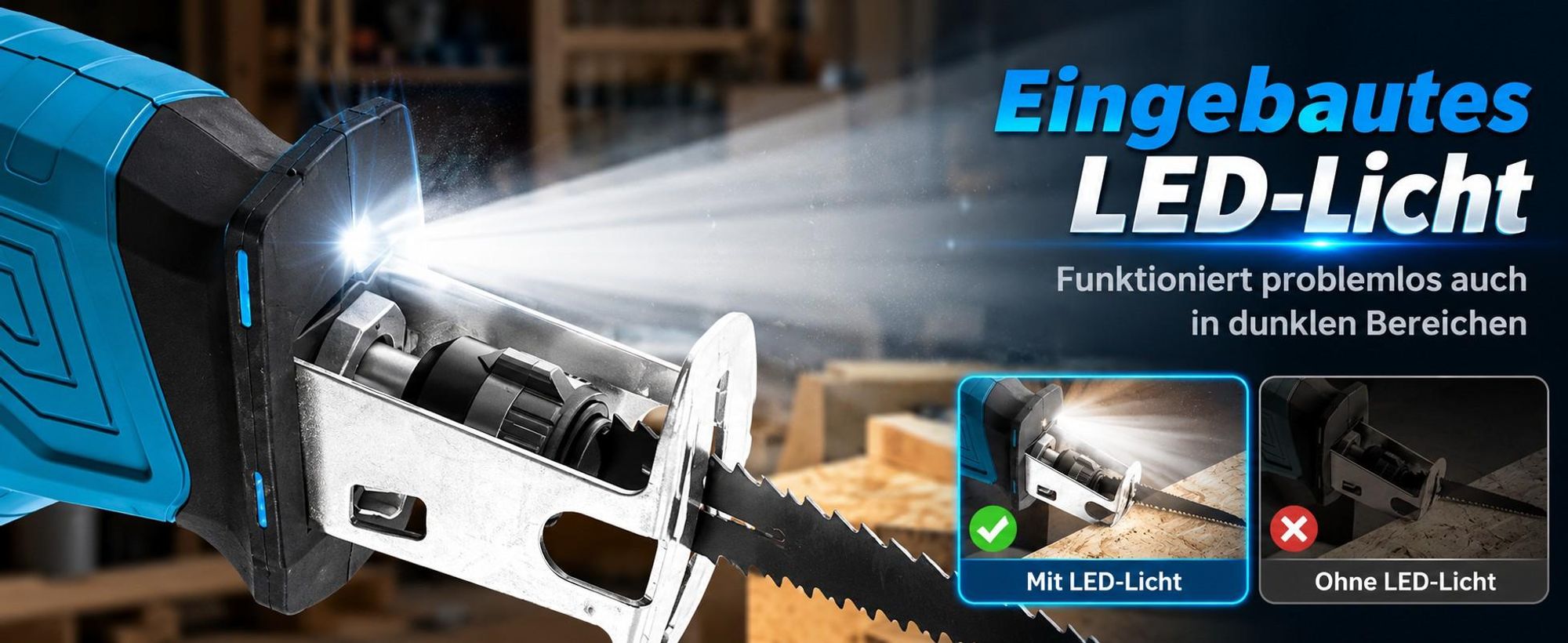 Akku-Säbelsäge 21V Brushless, Cordless Reciprocating Saw mit 2×2,0Ah Akku, 0–4000 U/min, 4 Sägeblätter, für Holz, Metall, PVC & Äste