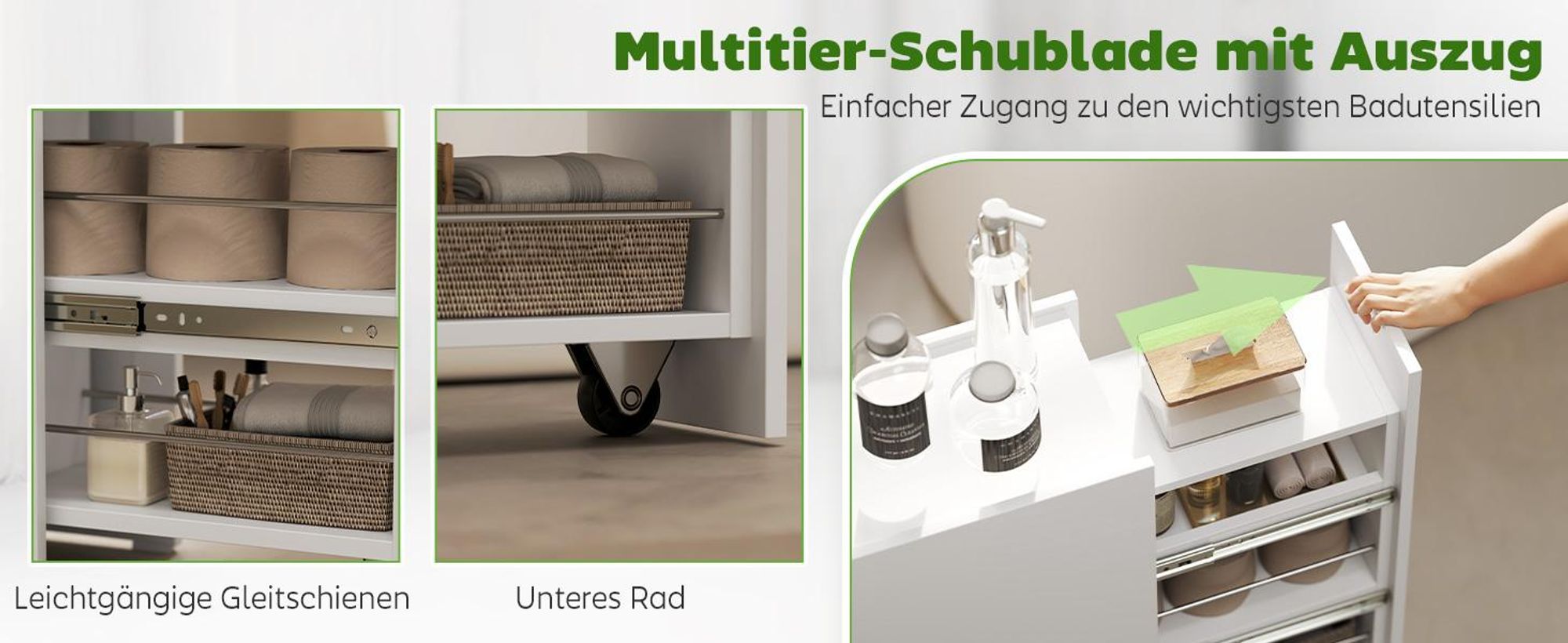 HOMCOM Nischenschrank Schmaler Badezimmerschrank mit tiefer Schublade, Rad Weiß