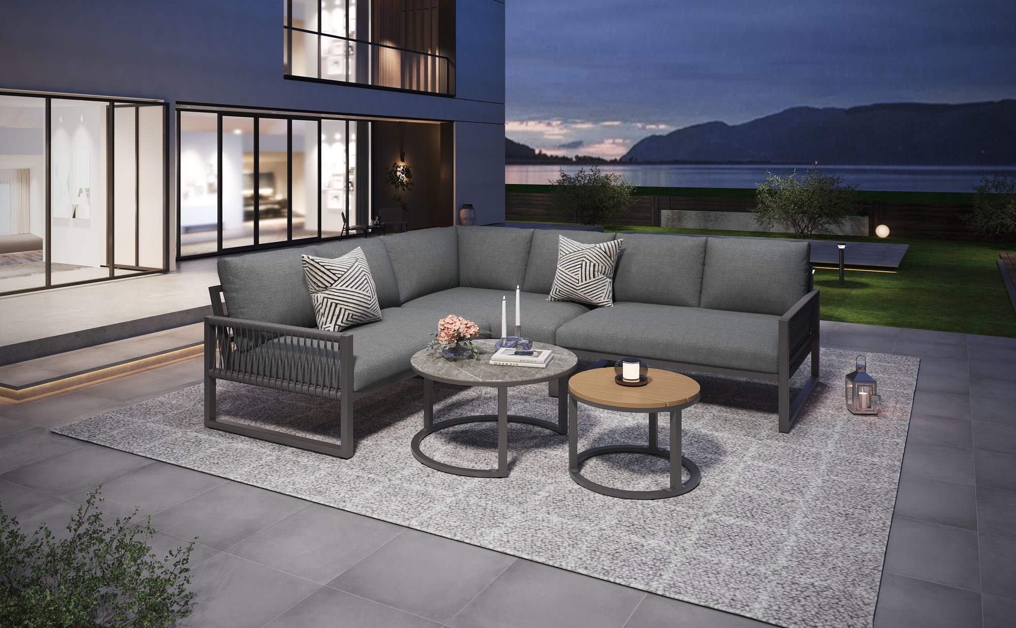 okwish Garten-Lounge-Set,Essgruppe,Möbelset für 6-7 Personen, Sitzgruppe mit Sofa&Tisch,inklusive aller Sitz- und Rückenkissen, grau
