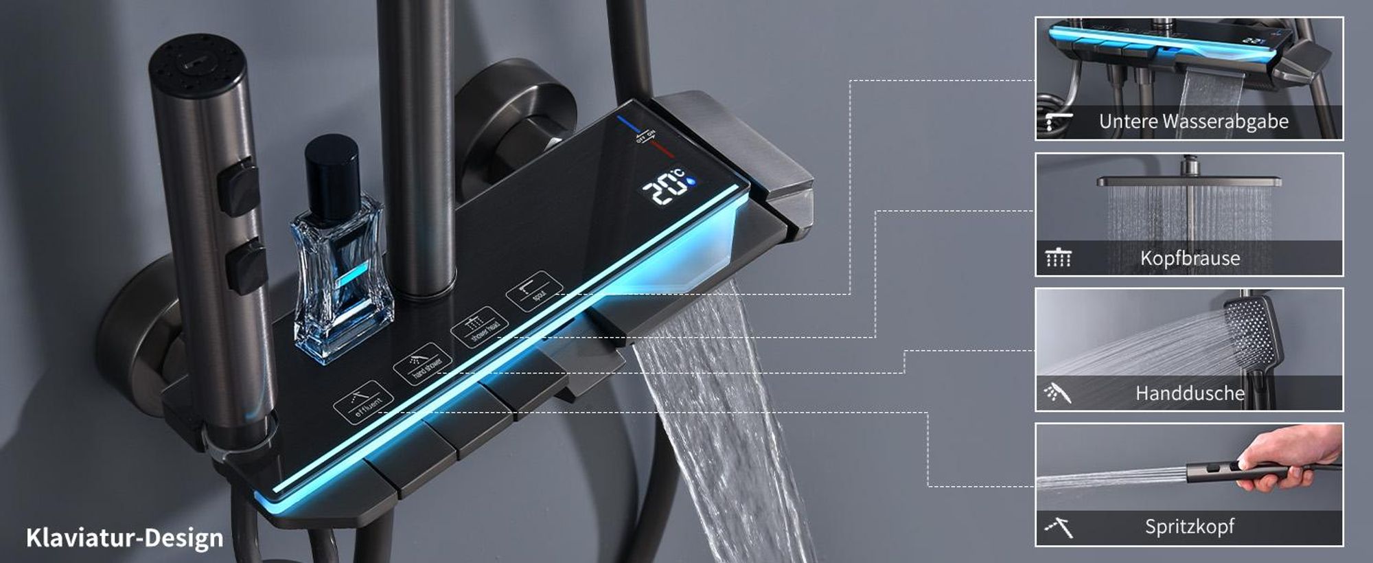 Homelody Duschsystem Messing Grau, 4 Wasserausgabe Modi, Duscharmatur Komplettset, Duschset Digitale Temperaturanzeige mit Atmosphärenlicht