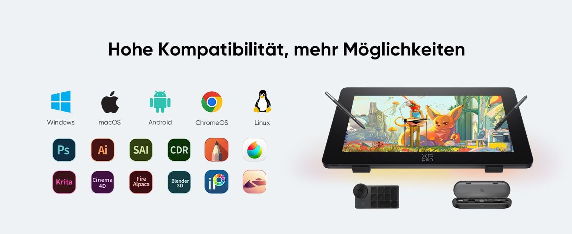 XPPen Artist 24 Pro (Gen 2) 4K, Kabelgebunden, 5080 lpi, 526 x 296 mm, USB/Bluetooth, 1 cm, Stift