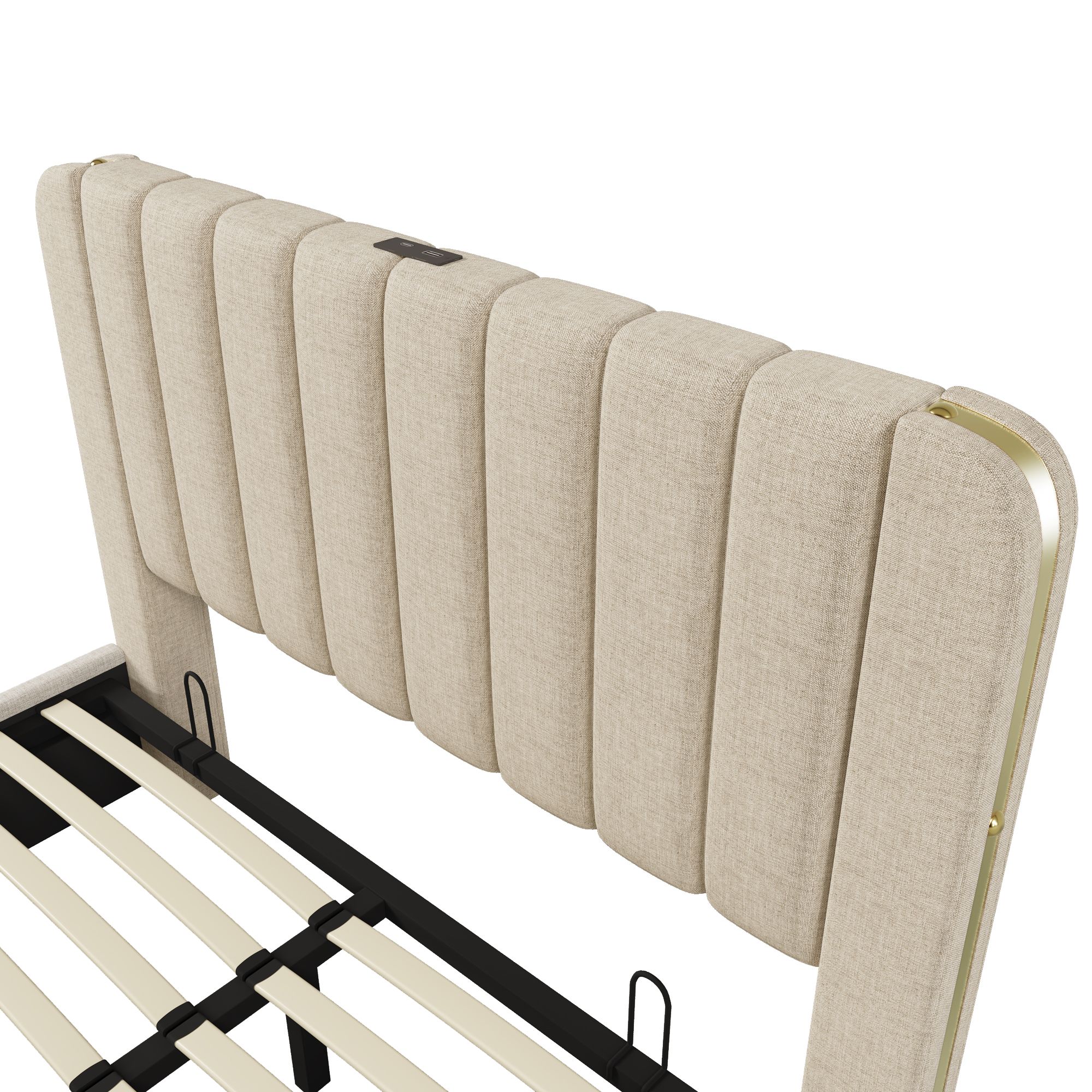 Flieks Polsterbett 160x200cm mit Ladefunktion (USB, Typ-C), Doppelbett Stauraumbett mit Lattenrost, Hydraulisches Jugendbett Boxspringbett, Leinen