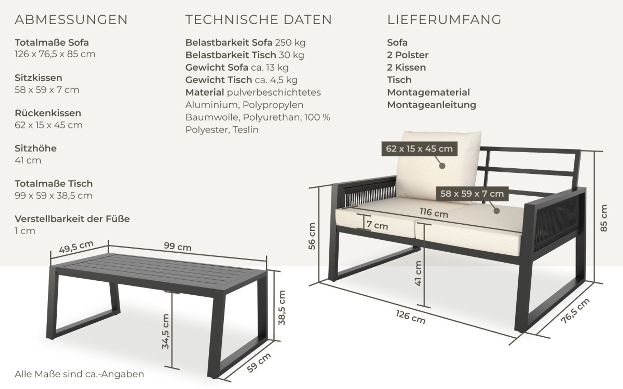 tectake Aluminium Gartenlounge-Set Captive Rope-Design 2-teilig Sofa Tisch wasserabweisend 126x76x85cm Anthrazit wetterfest Outdoor