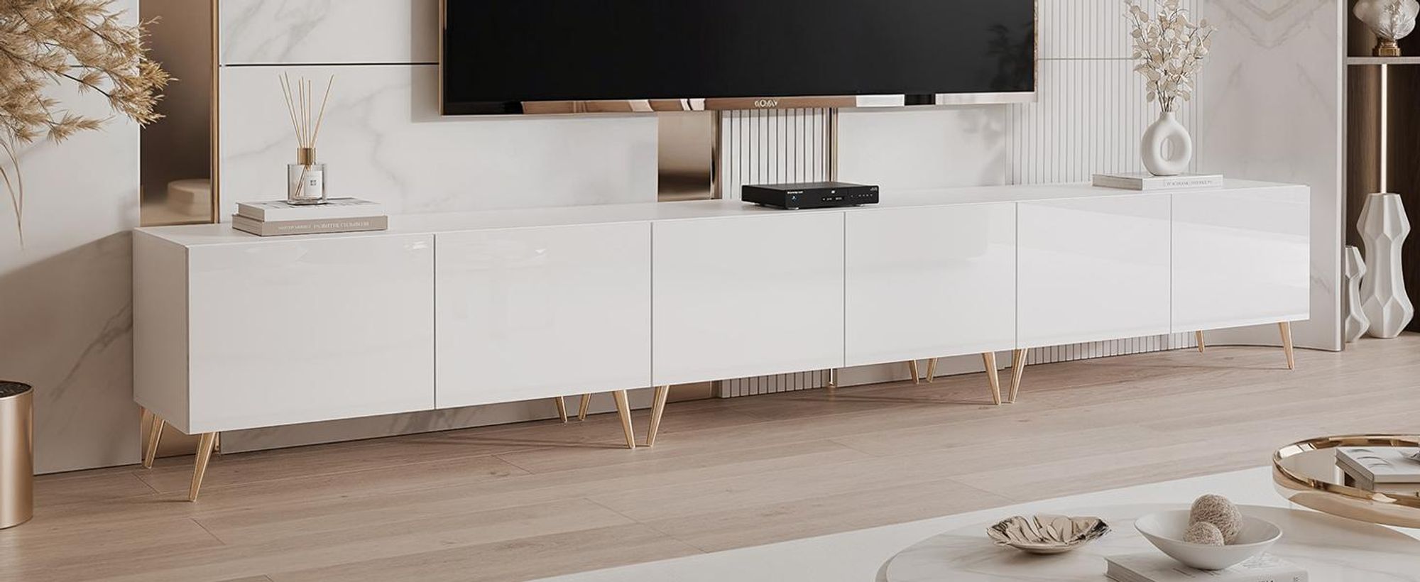 Idohome TV Lowboard Angel 300 cm Weiß Hochglanz–TV-Schrank mit LED-Beleuchtung, Fernsehschrank auf goldfarbenen Metallbeinen,Medienmöbel, Push-to-Open