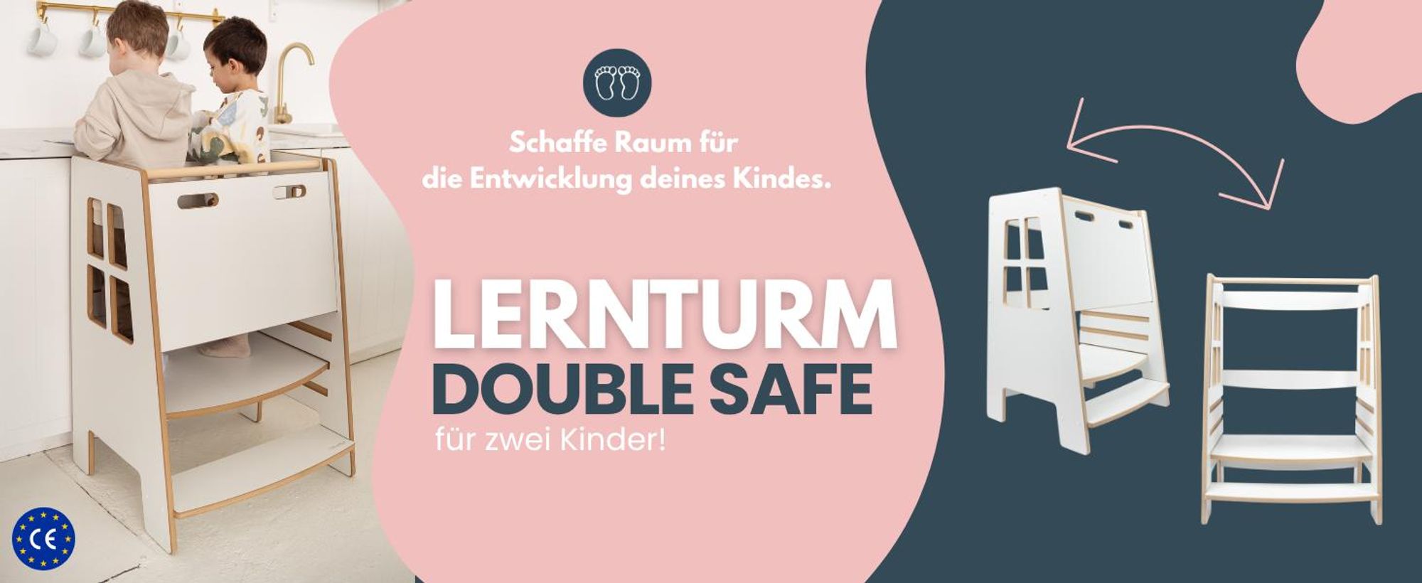 DOUBLE SAFE - Montessori Lernturm Kitchen Helper Kinderplattform Küchenturm | Lernturm für Geschwister | Lernturm für zwei Kinder