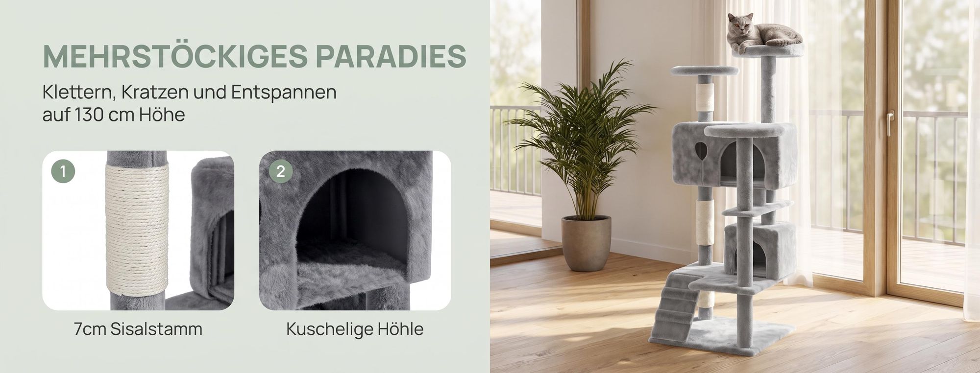 ROSEJANE Kratzbaum 130 cm für Katzen, Katzenbaum mit Sisal-Kratzsäulen, Katzenhöhle und Liegeflächen, Kletterturm für Wohnungskatzen
