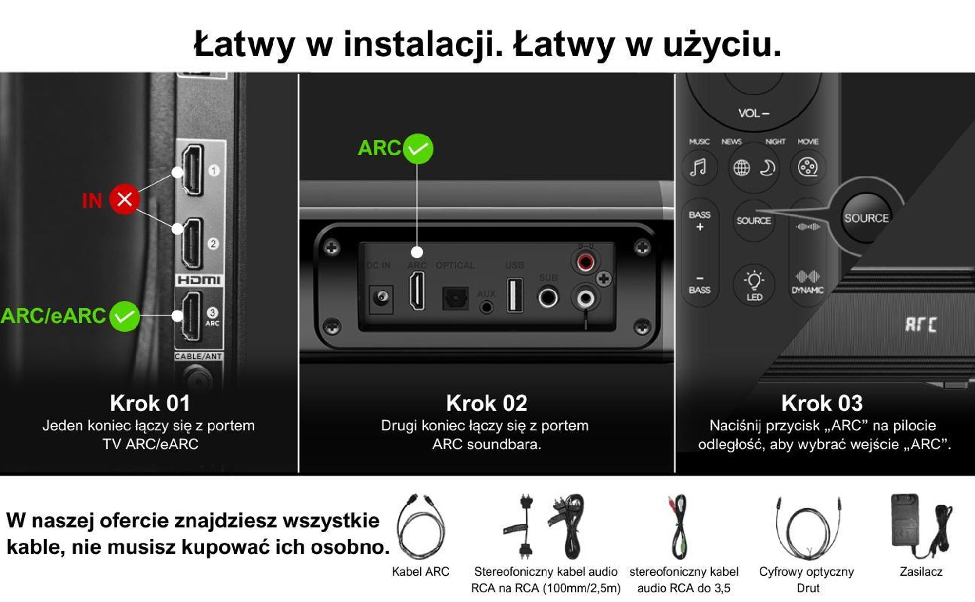 Soundbar ULTIMEA do telewizorów, dzielony soundbar 2 w 1 o mocy 100 W z Bluetooth® 5.3, głośnik telewizyjny z 3 trybami korektora i regulowanym basem, ARC/optyczne/Aux