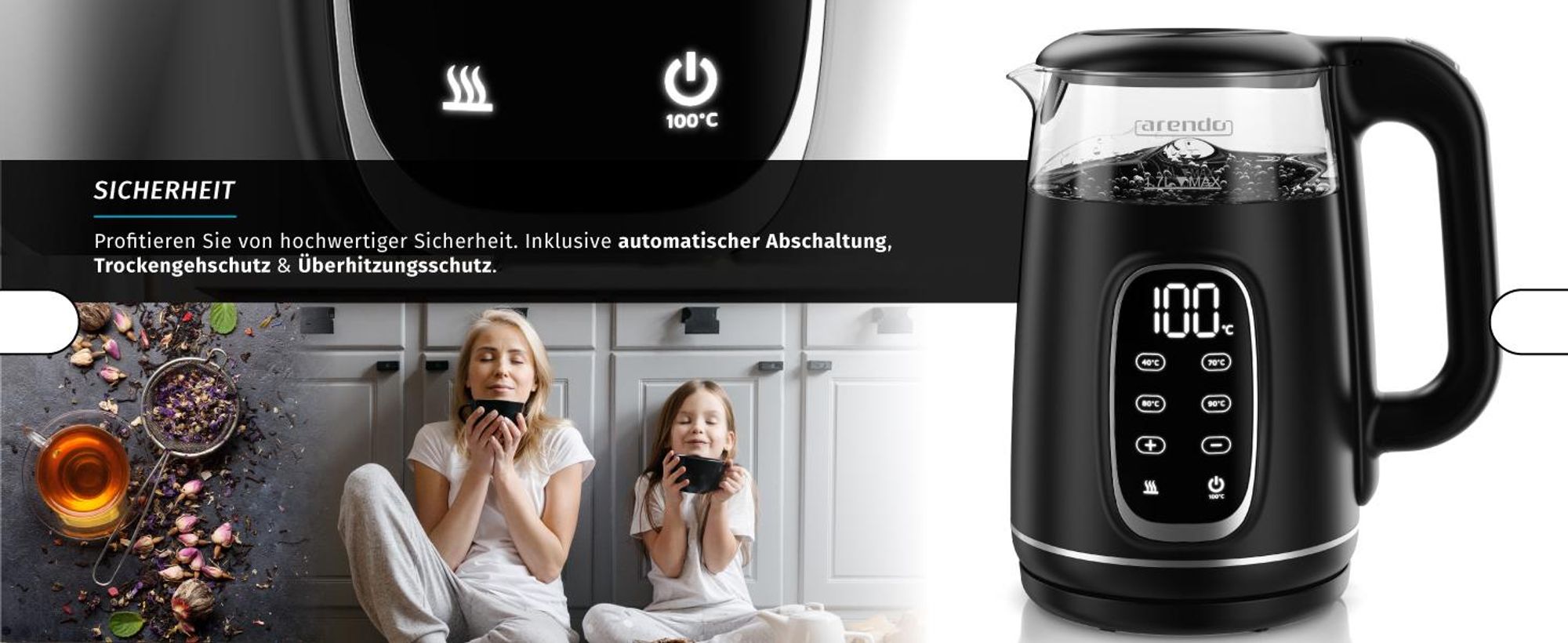 Arendo Wasserkocher QUICK TOUCH 1,7 l, Sicherheit mit Abschaltautomatik