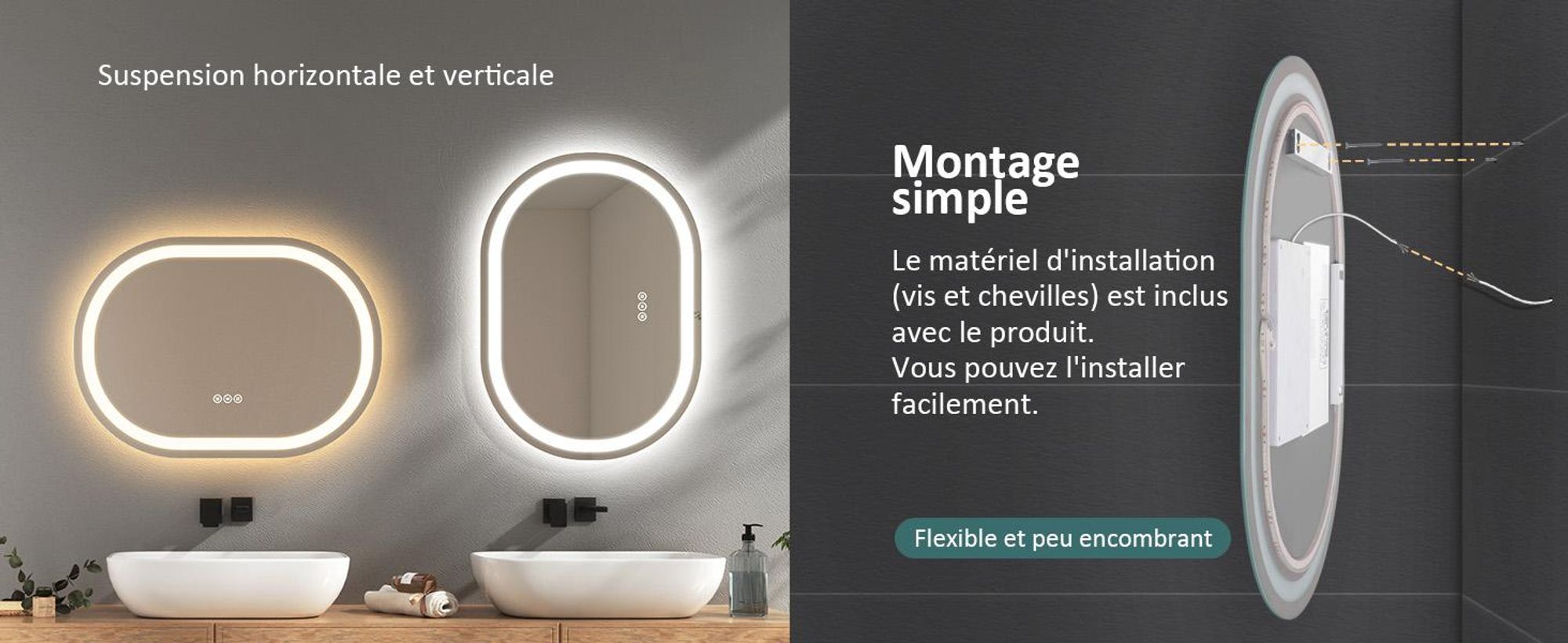 EMKE LED miroir de salle de bain 70x50cm miroir de salle de bain antibuée éclairage 3 couleurs de lumière miroir de salle de bain rond miroir mural interrupteur tactile réglable lumière
