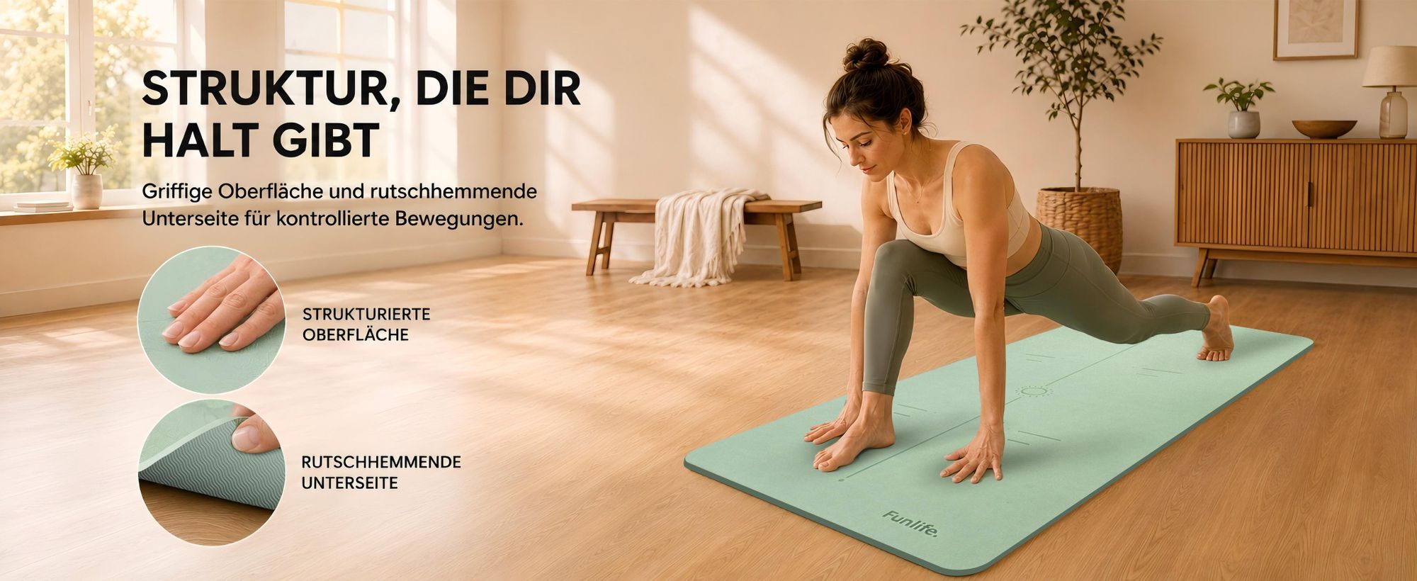 FUNLIFE Yogamatte 183 × 61 cm, 8 mm TPE rutschfest, Fitnessmatte Gymnastikmatte Sportmatte mit Tragegurt für Yoga, Pilates & Home Workout , Lavender