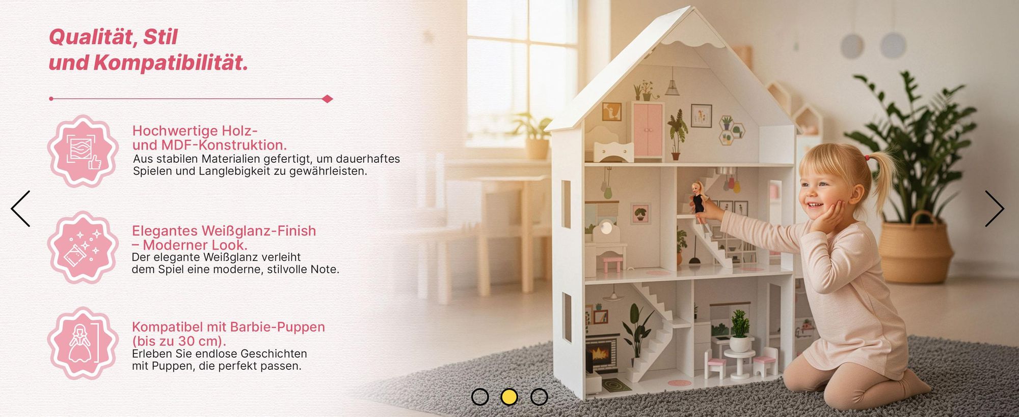 Großes Holz-Puppenhaus 118 cm mit LED und Möbeln – 3 Etagen, 7 Zimmer, Terrasse und Zubehör