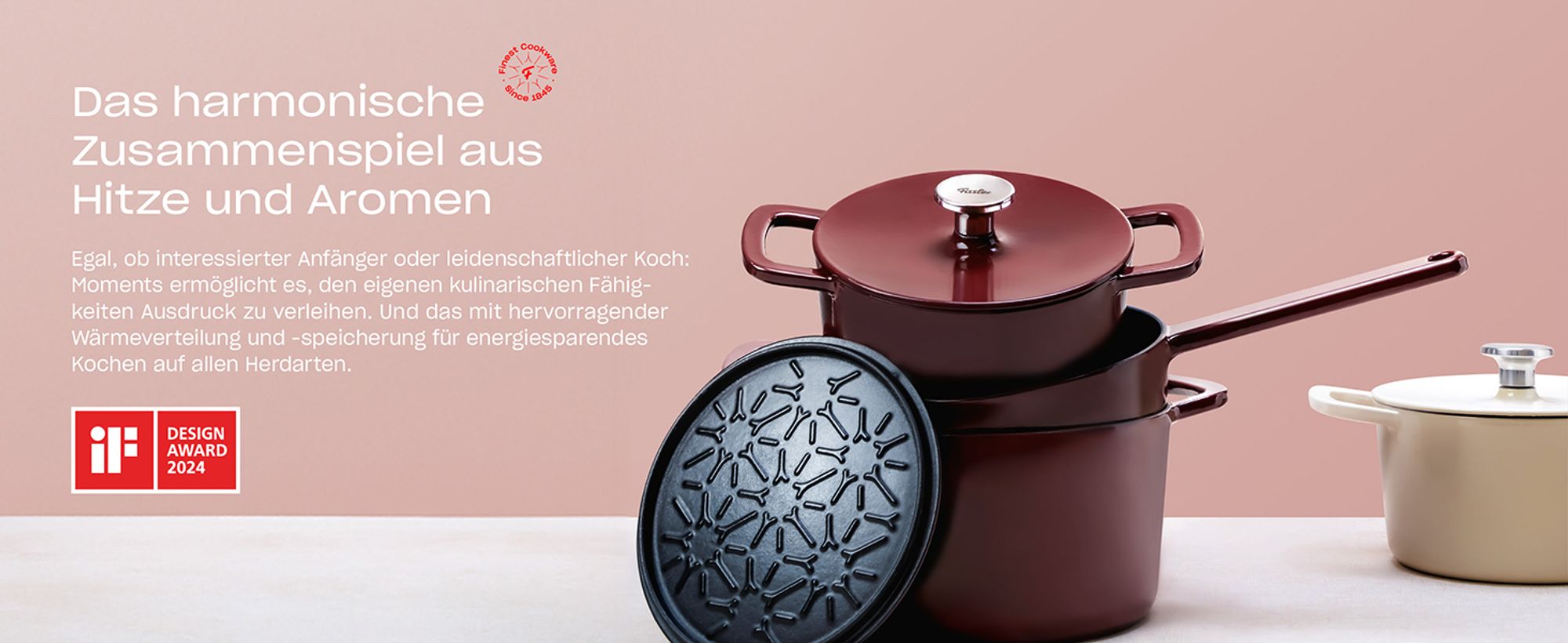Fissler Moments Collection / Emaillierte Gusseisen-Pfanne (Ø 26 cm) antihaftend, hoher Rand, mit Ausgießern, Aufhänge-Öse, PFAS/PTFE-frei, Induktion – Burgunderrot