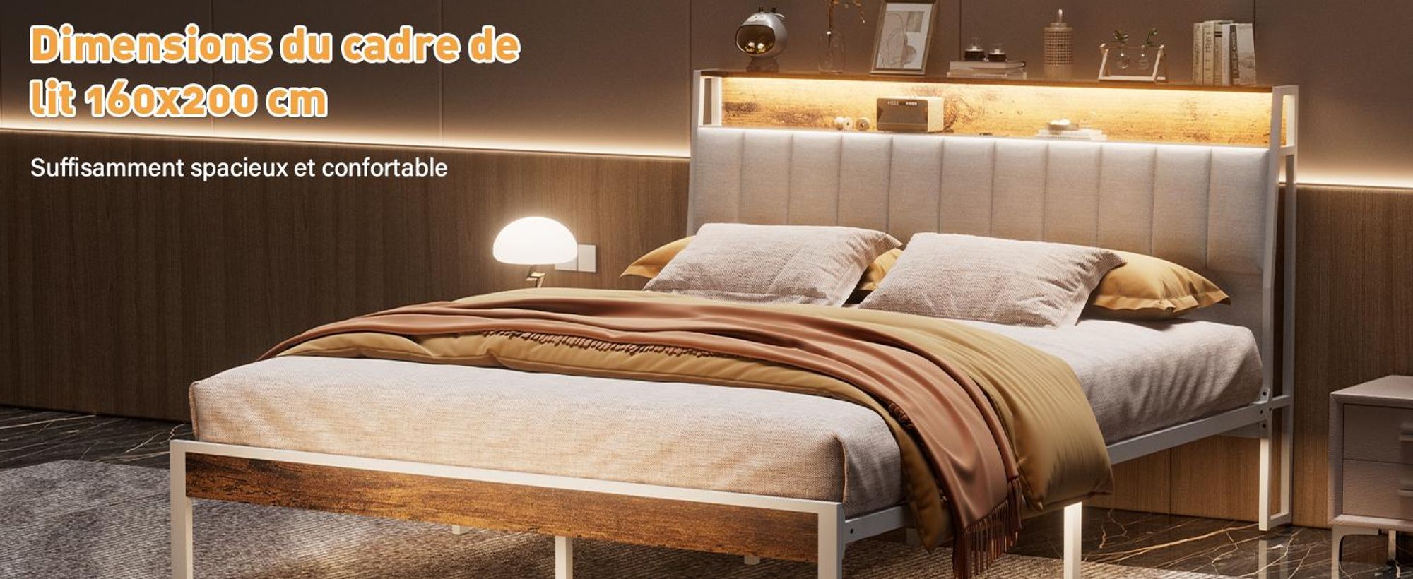 DEWINNER Cadre de lit, 160 x 200 avec Sommier en métal, lit 2 Personnes, avec lumières LED et Prises Multiples (1 Prise AC, 2 Ports USB)