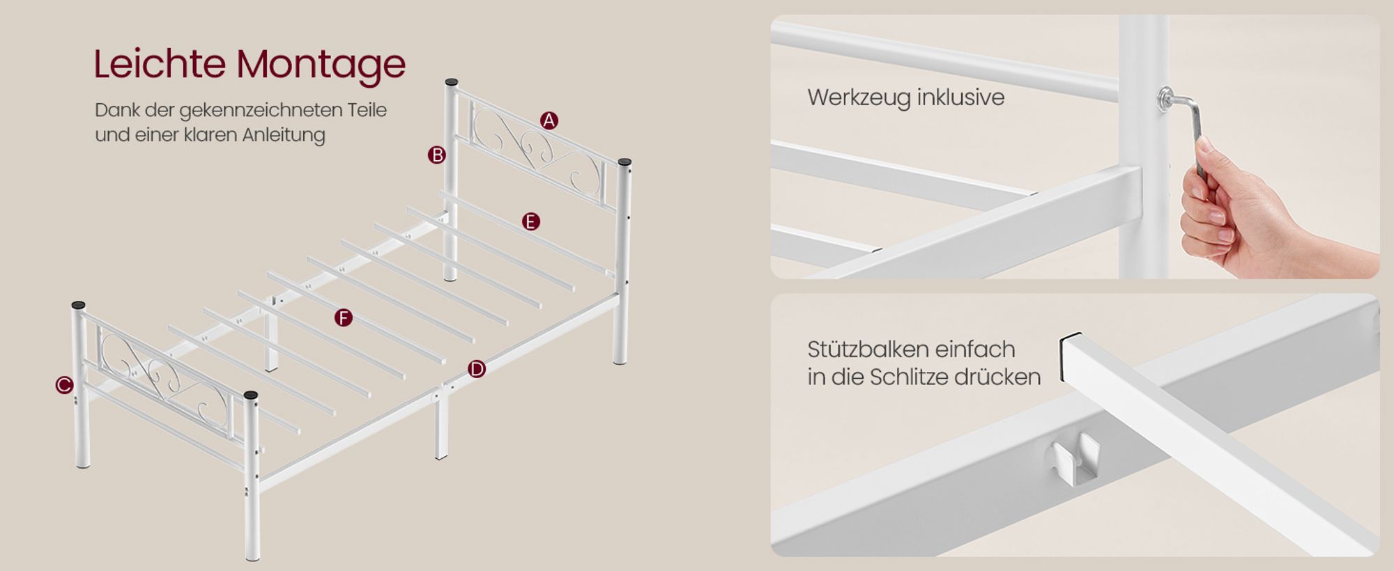 VASAGLE Bettgestell 90 x 200 cm, mit Kopfteil, hochtragfähig, mehrere Größen verfügbar, Metallbett, Bettrahmen