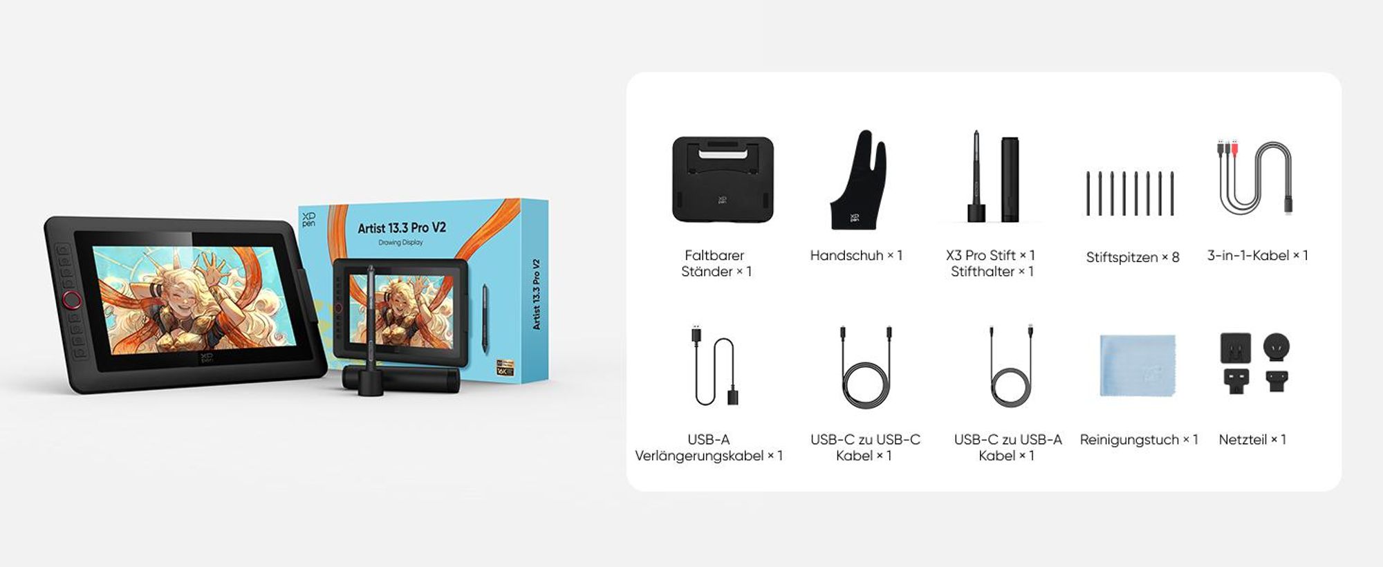 XPPen Artist 13.3 Pro V2, Kabelgebunden, 5080 lpi, 293,76 x 165,24 mm, USB, 1 cm, 0,01 mm
