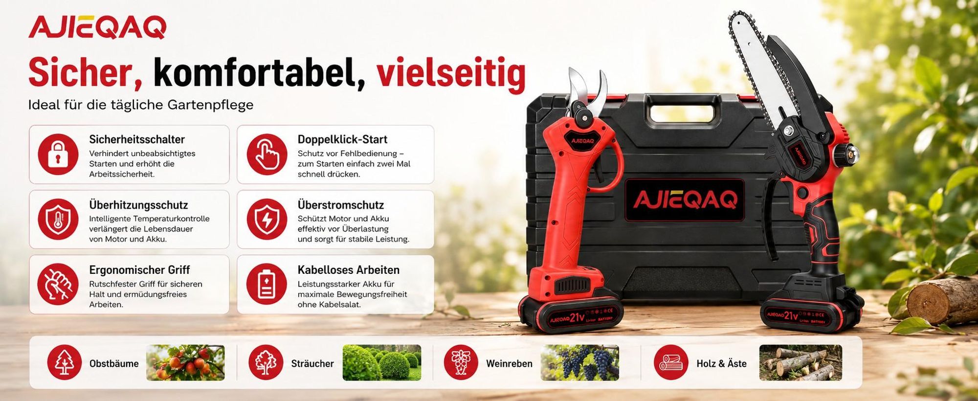 AJIEQAQ Akku Astschere Set 2-in-1, 21V Brushless Gartenschere mit Mini Akku Kettensäge 6 Zoll, 25mm SK5 Klinge, 2×1500mAh Akkus, Koffer