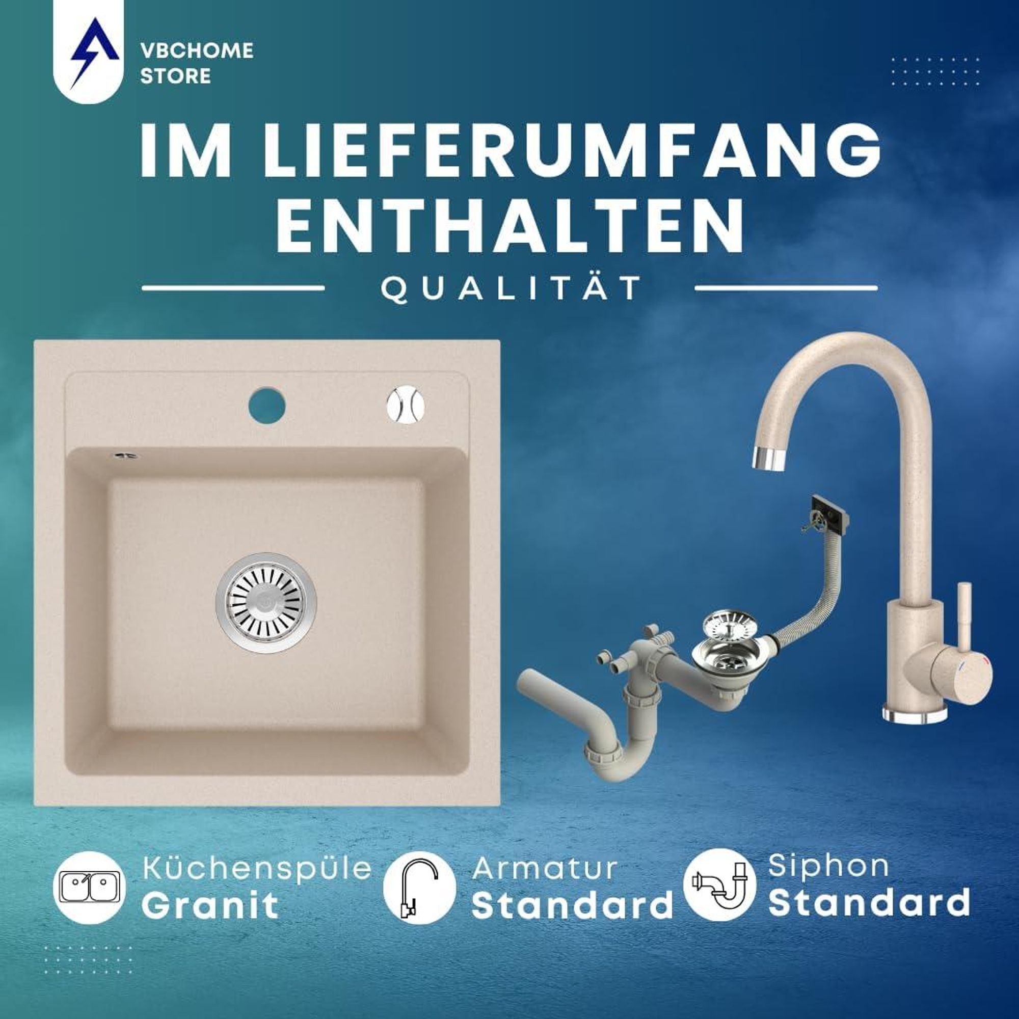 VBChome Granitspüle 44 x 44 cm Beige mit Armatur Einzelbecken Einbauspüle Gesprenkelt Pflegeleichtes Spülbecken mit Siphon Ideal für kleine Küchen