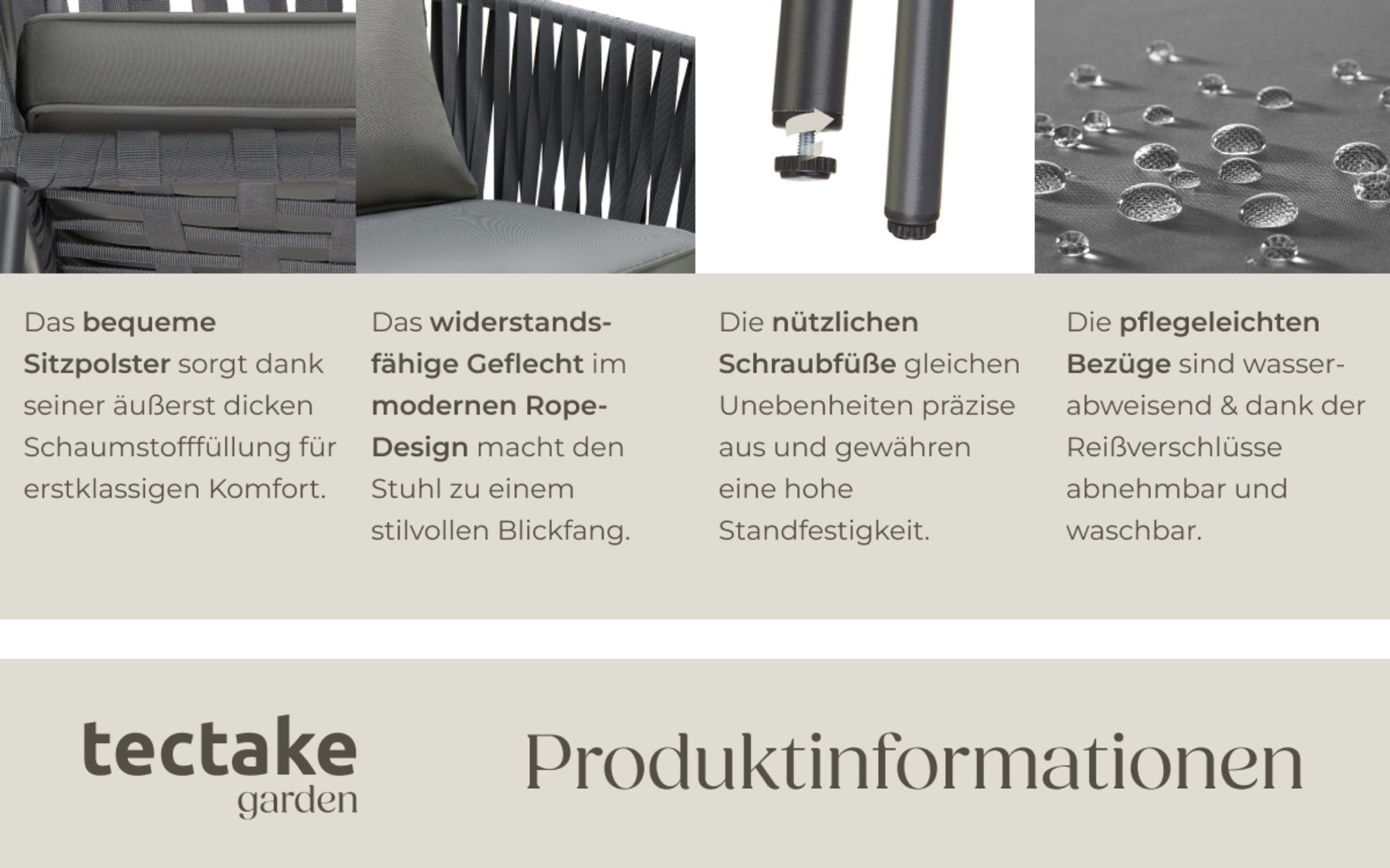 tectake® Stuhlset Valeiras im Rope-Design, dicke Polster, 60x61x77cm