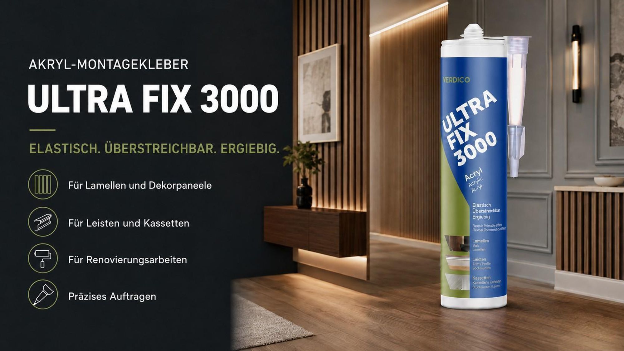 Ultra Fix 3000 Acryl-Montagekleber für Lamellen, Leisten und Renovierungsarbeiten.