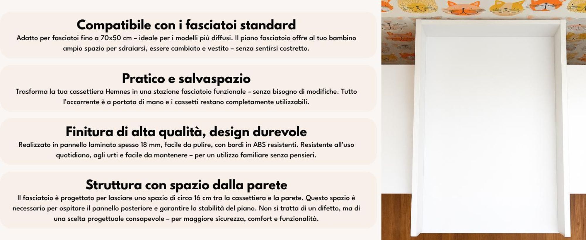 piano fasciatoio regalik per Koppang di IKEA, Piano fasciatoio per cassettiere da 46 cm, Piano fasciatoio rimovibile, Pannelli frontali arrotondati, Bianco, 72cm x 54cm