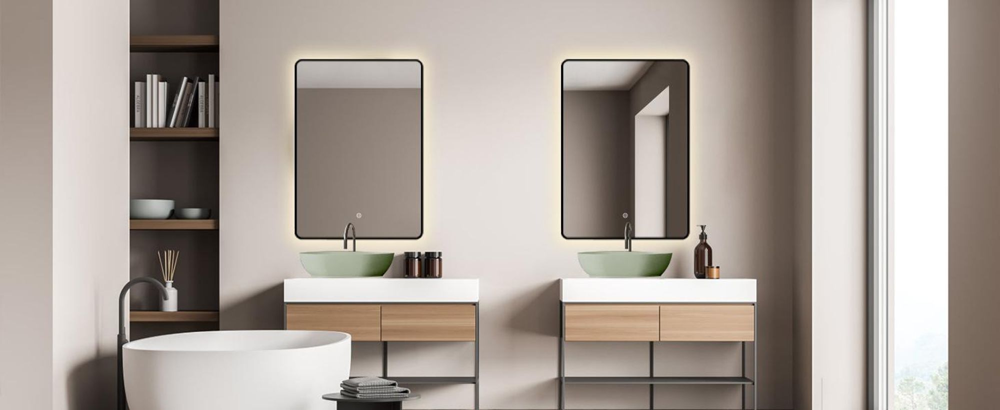 HOKO specchio da bagno 50x70/70x50 cm con cornice in metallo nero+interruttore a sfioramento+cambio di luce bianco caldo-bianco freddo-neutro 2700-6500K. Alabama