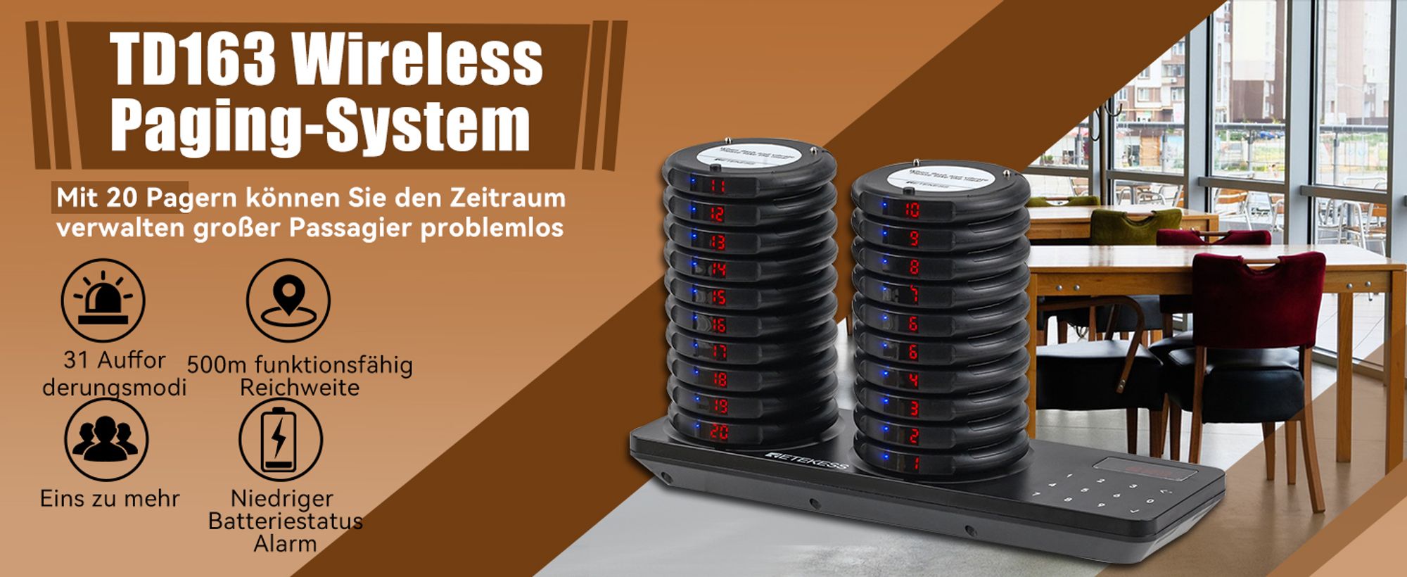 Retekess TD163 Restaurant Pager System, Pager Rufsystem, 400M, 31 Anrufmodi, 20H Standby, Gästerufsystem für Hotel, Bars, Clubs(20 Pager)