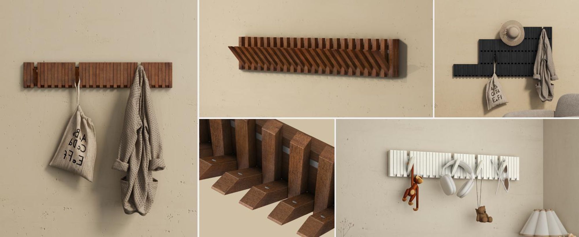 doporro Garderobenhaken Kleiderhaken Wand mit 14 Haken für Jacken, Garderobenleiste für Flur und Garderobe Wandgarderobe aus Holz, Matt Schwarz Twigro-01
