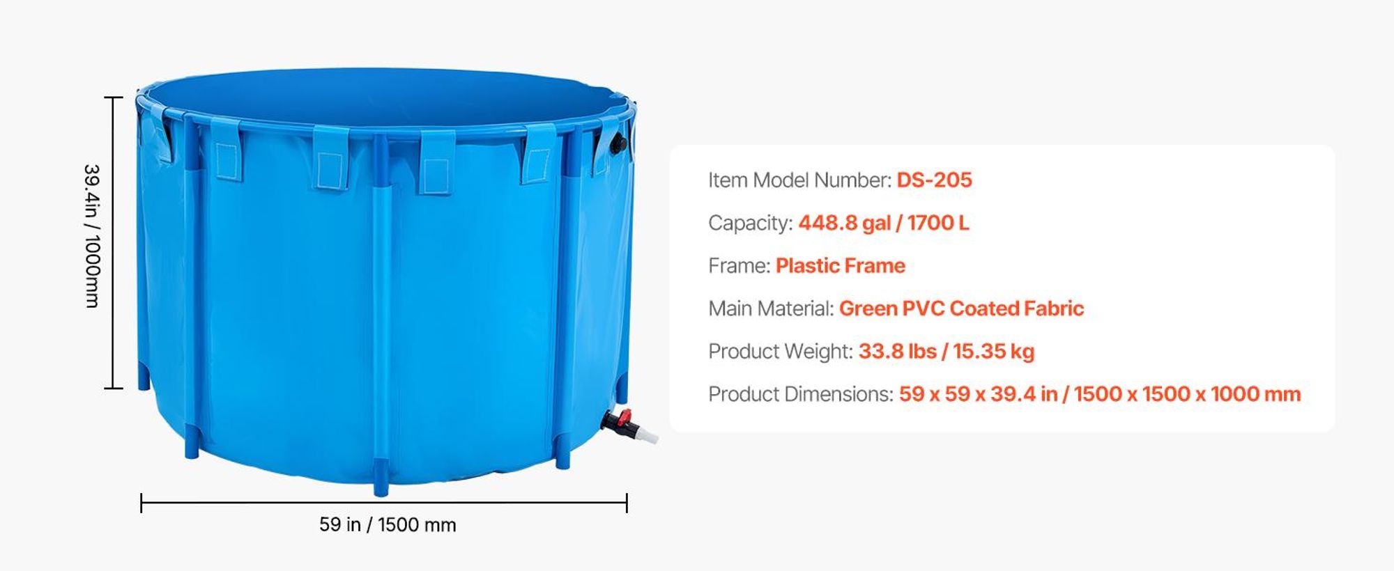 VEVOR Fischteich aus PVC, Fischtank mit 1700 L Fassungsvermögen, faltbares Koi-Aquarium, rundes Fischbecken mit stabilem Rahmen & Ablassventil, für Zucht von Koi, Goldfisch (blau)