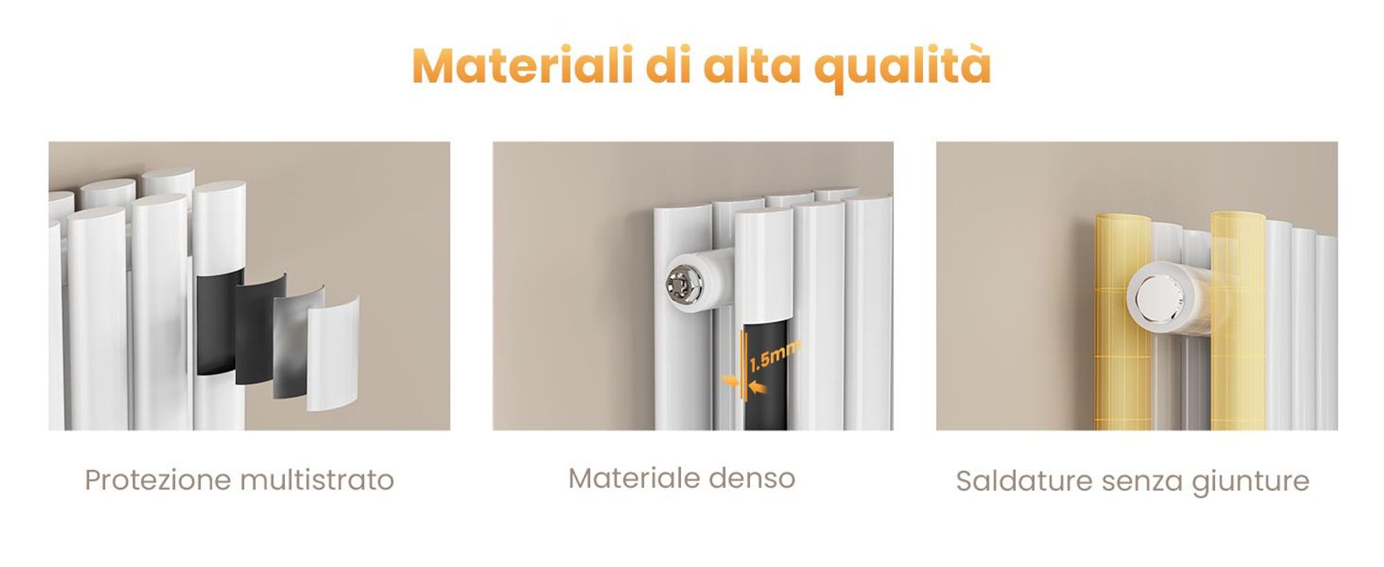 Radiatore tubolare di design EMKE per il funzionamento ad acqua calda con attacco centrale verticale ovale a doppio strato 623 watt 24cm x 160cm bianco senza elemento riscaldante