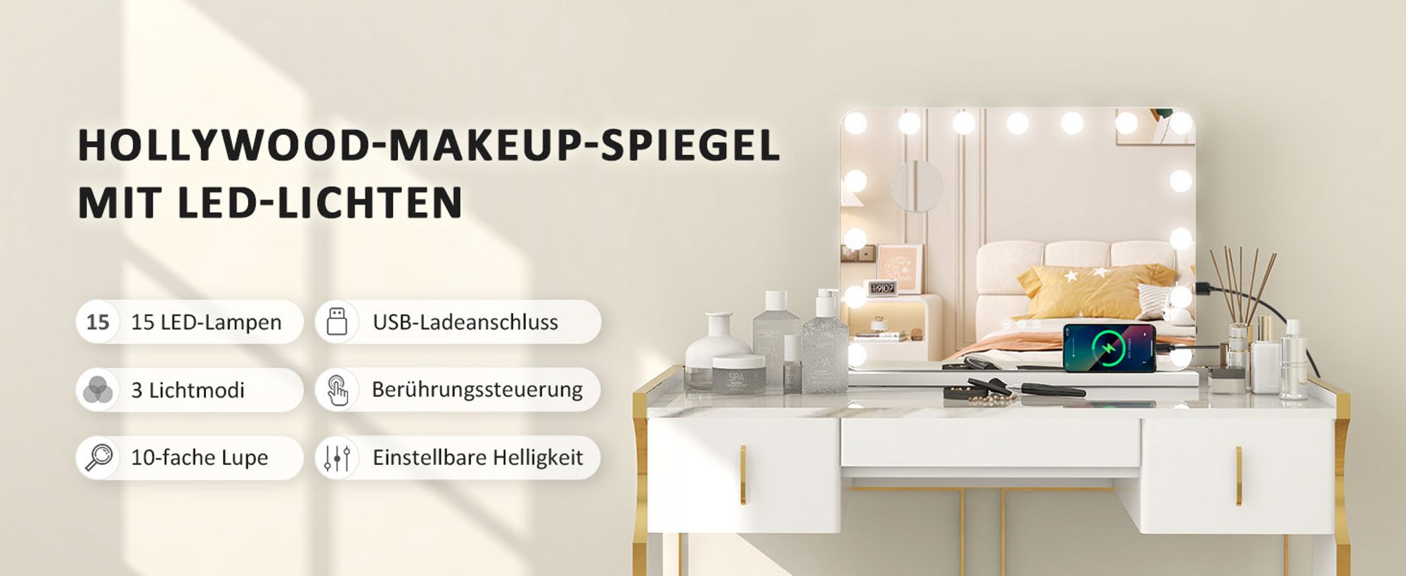 Puluomis Schminkspiegel Kosmetikspiegel 58x45cm Hollywood Spiegel Dimmbar mit 15 LED Beleuchtung 3 Farben, mit USB, 10x, Wandspiegel weiß, rund Ecke