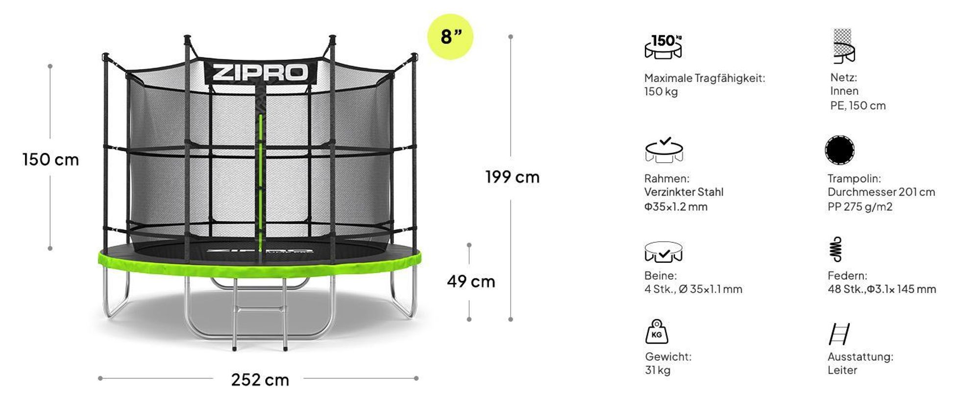ZIPRO Trampolin Jump Pro IN | 8FT Ø 252 cm | Gartentrampolin Kindertrampolin Komplett-Set inkl. Innennetz, Leiter & Randabdeckung, Outdoor, Grün