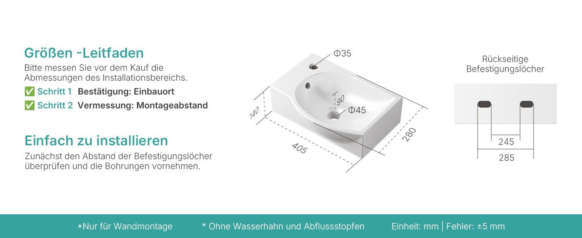EMKE Asymmetrische Waschbecken mit Hahnloch links Kompaktes Hängewaschbecken für Gäste-WC kleines Handwaschbecken zur Wandmontage