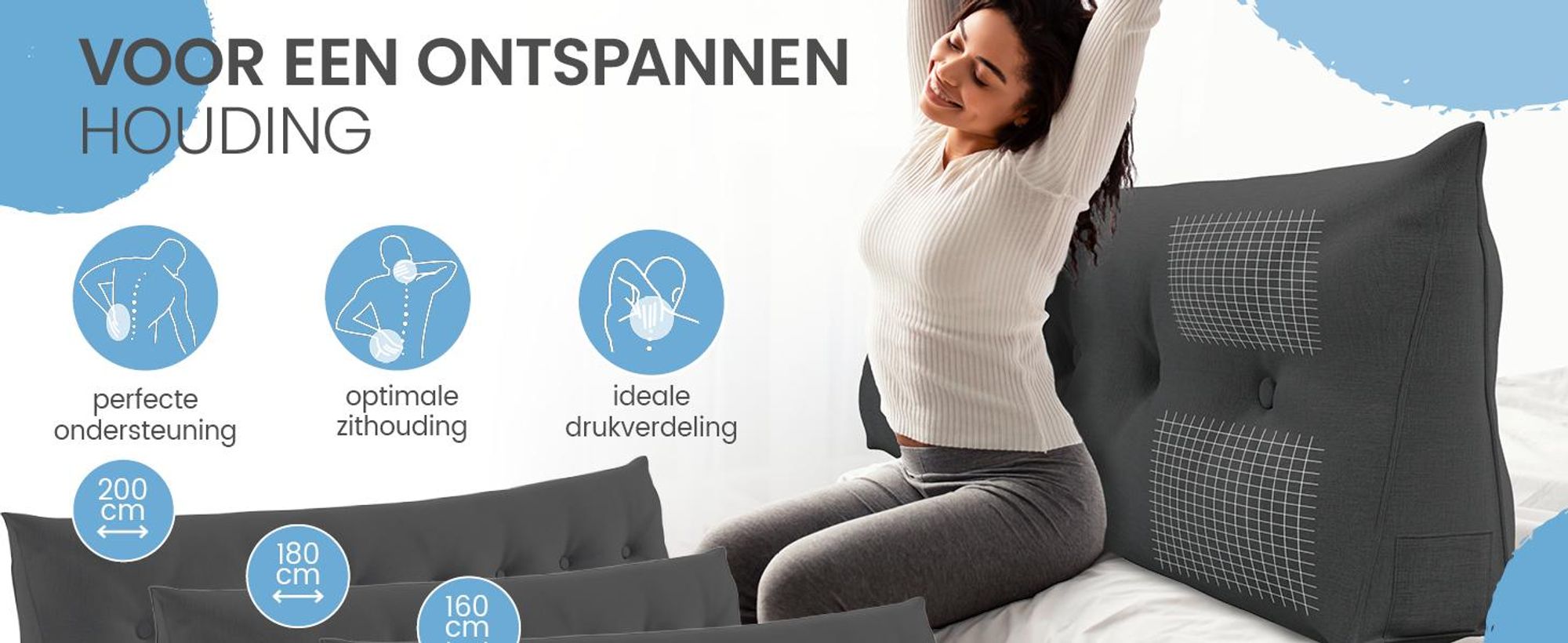 ELONEO rugkussen, 160 cm breed, geschikt als keilkussen voor bed en bank, driehoekig leeskussen, kussen met afneembare en wasbare hoes
