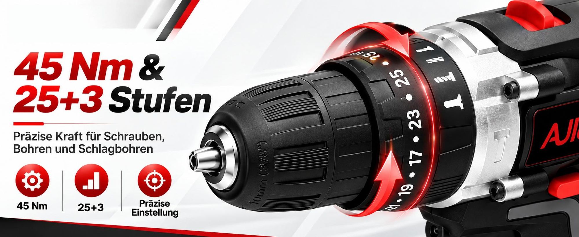 Akkuschrauber 21V Set, 3-in-1 Akku-Schlagbohrschrauber mit 2×2.0Ah Akkus, 45Nm, LED Arbeitslicht, Zubehör & Koffer