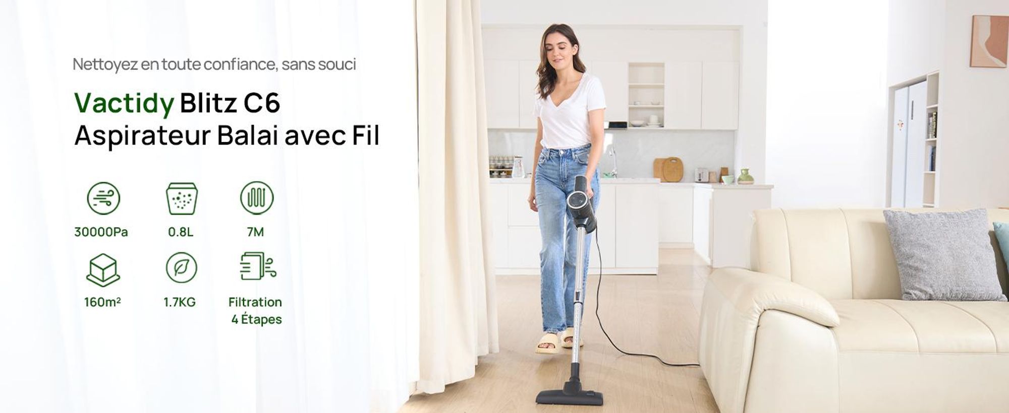 Vactidy C6 Aspirateur avec cordon, cordon de 7m/1.7kg/30000Pa/600W, réservoir à poussière de 800mL Aspirateur à manche, vidage à un seul bouton, aspir