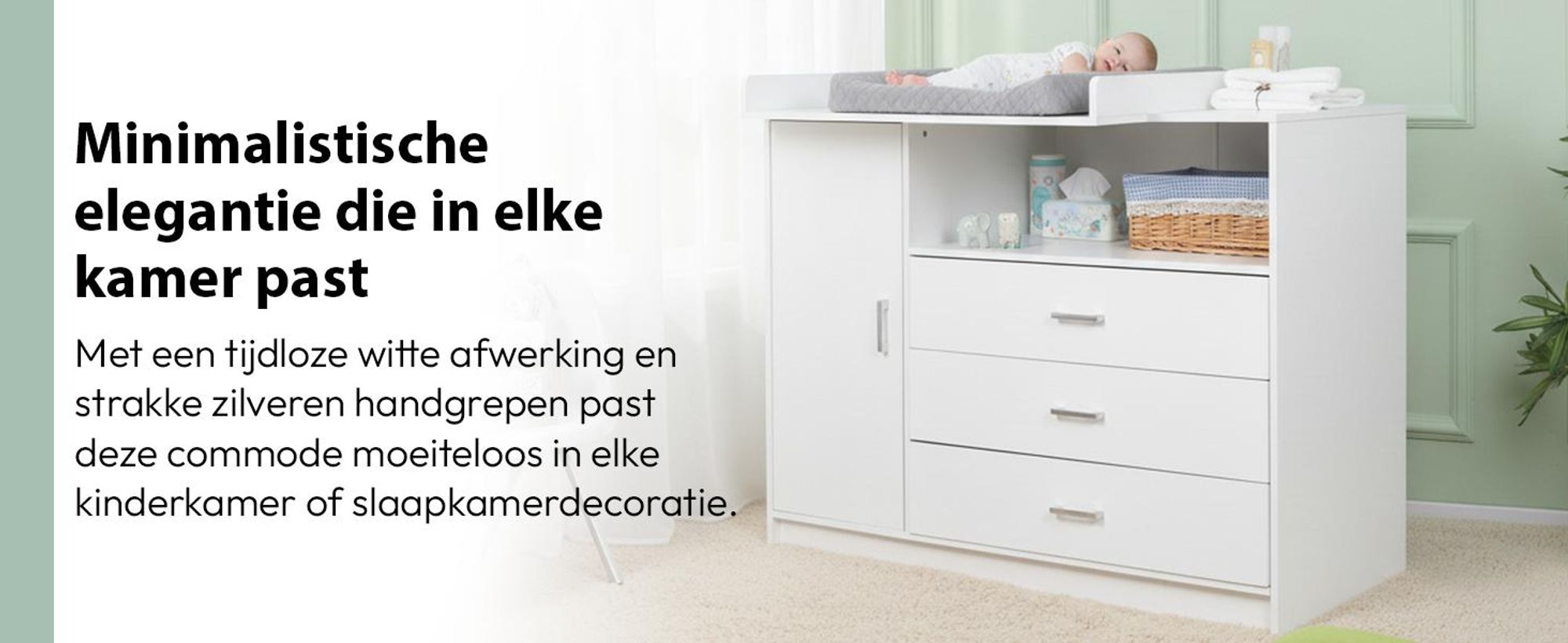 Commode met verschoningstafel, babycommode van hout met verschoningselement, 3 lades, 1 deur, 100 cm hoog, wit. Afmetingen verschoningstafel: 113 x 100 cm