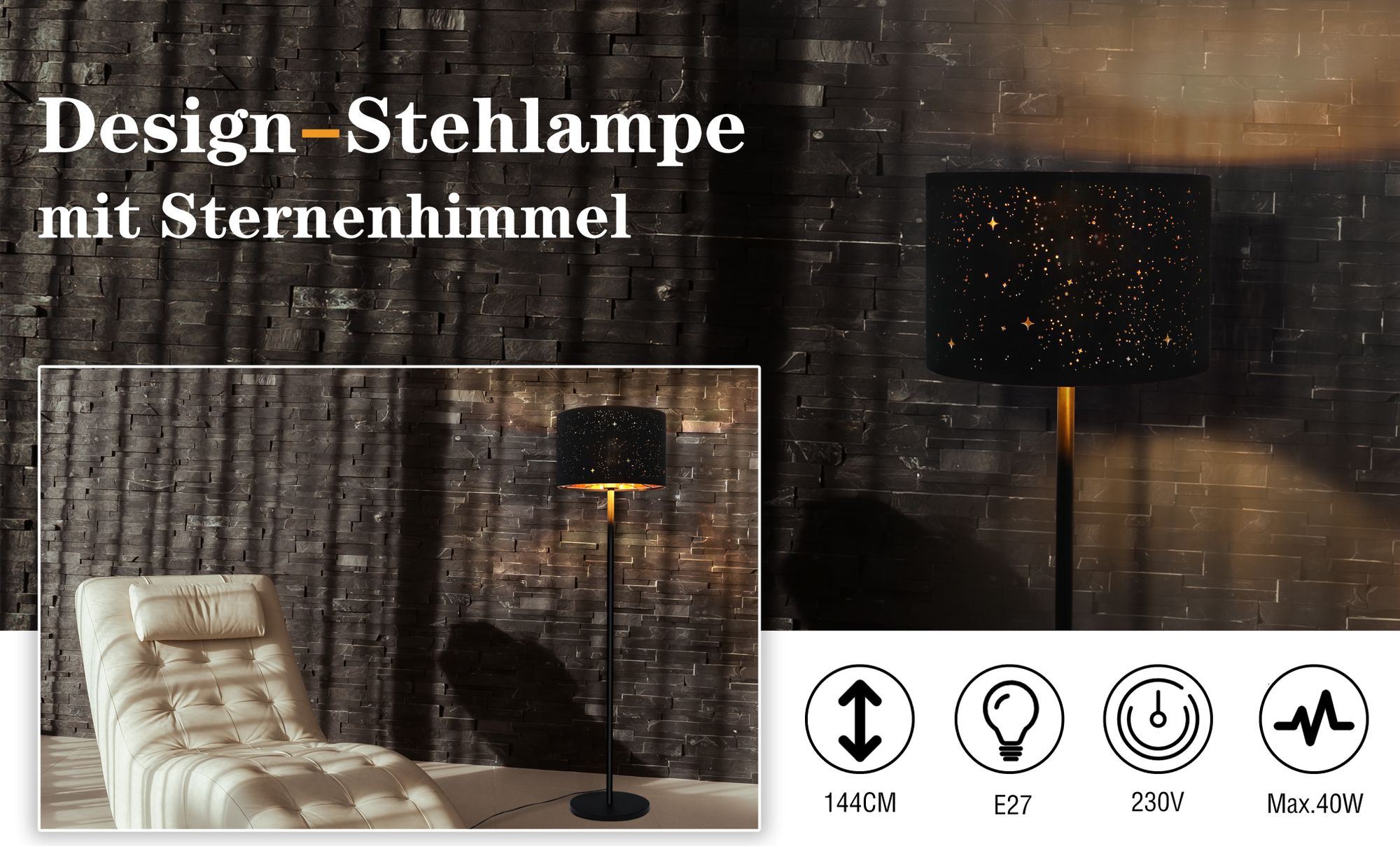 ZMH Lampa Podłogowa Do Salonu Lampa Podłogowa Czarno Złota Lampa Podłogowa Z Tkaniny Z Gniazdem E27 Max. 40W Nowoczesny Abażur W Gwiazdy 144cm Lampa Podłogowa