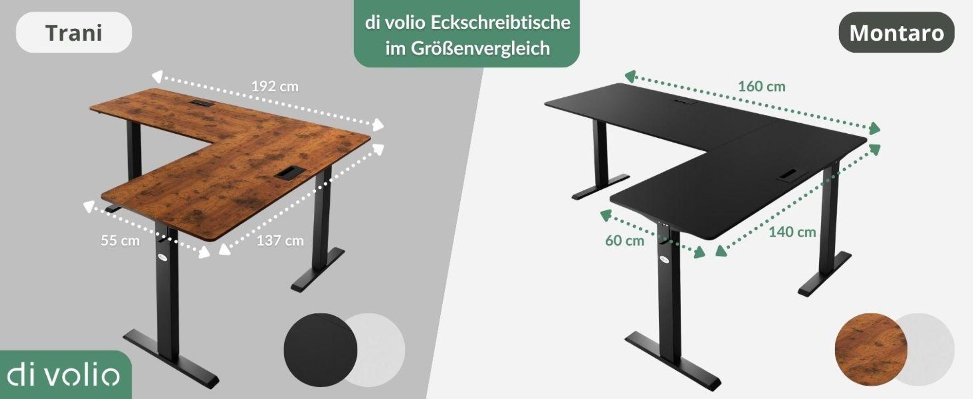 di volio Eckschreibtisch Trani rechts – elektrisch, höhenverstellbar, braun