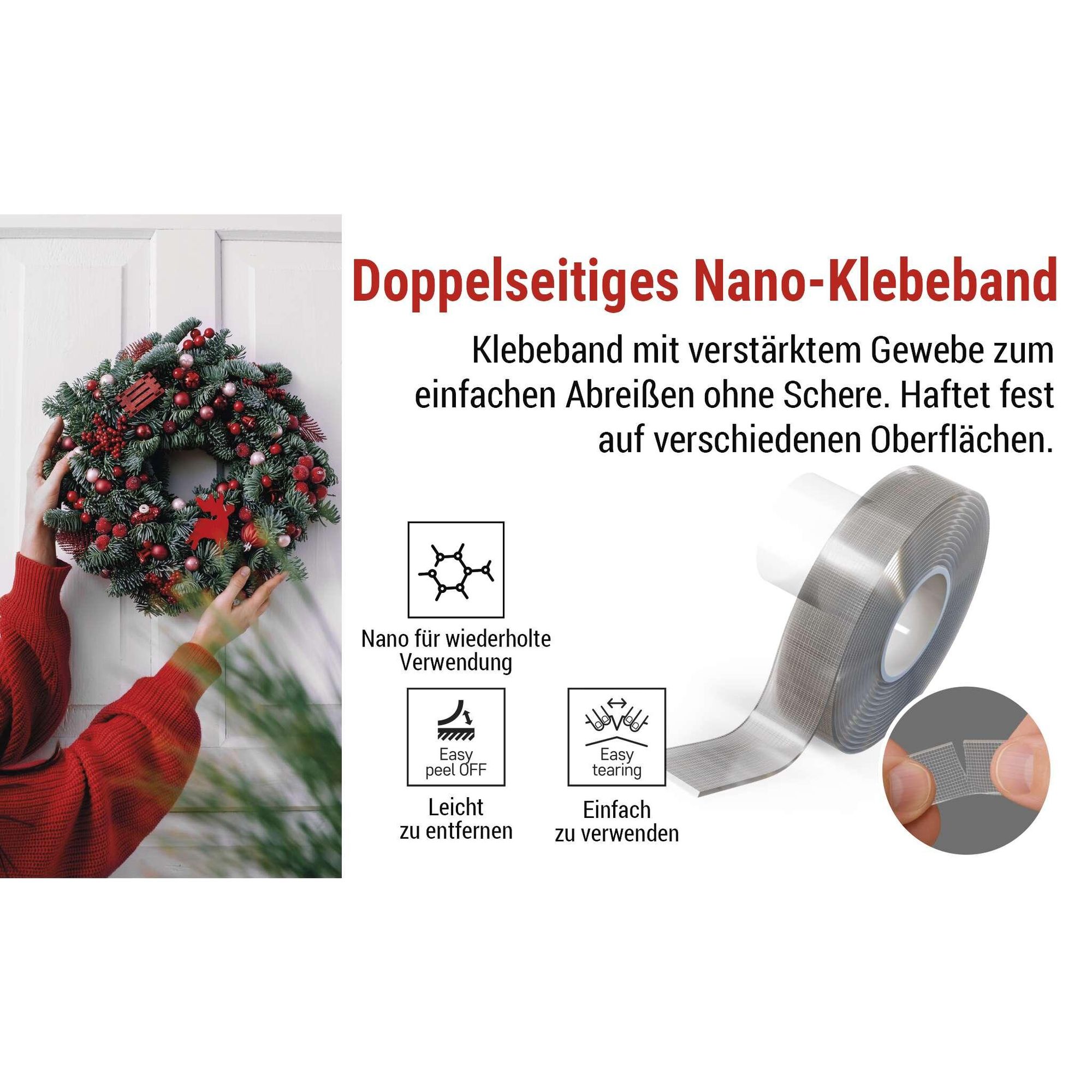 EMOS Doppelseitiges Akryl-Klebeband mit Textilgewebe, 3m Rolle, Nano-Tape wiederverwendbar, abnehmbare Klebestreifen, 1,9cm breit, transparent , F6301
