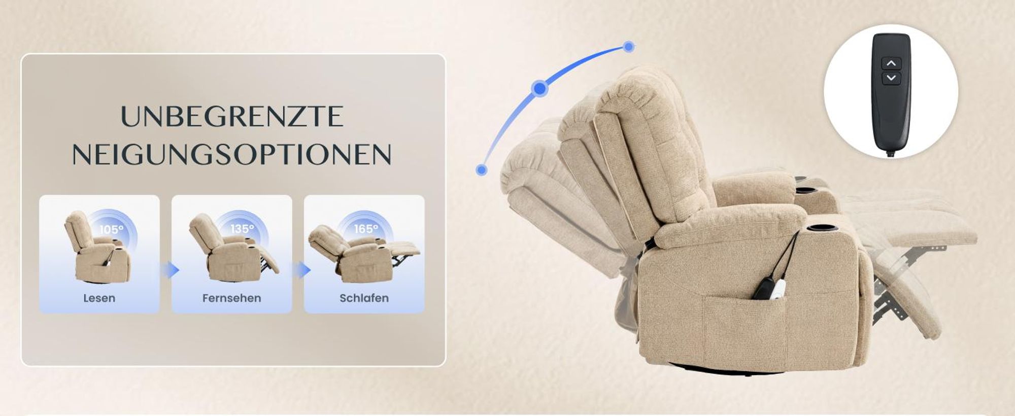 FLEXISPOT XR7 Elektrischer Relaxsessel, Massagesessel mit Heizfunktion, 360°drehbar, USB-Anschluss, 105°-165° verstellbar, belastbar bis 200 kg(Beige)