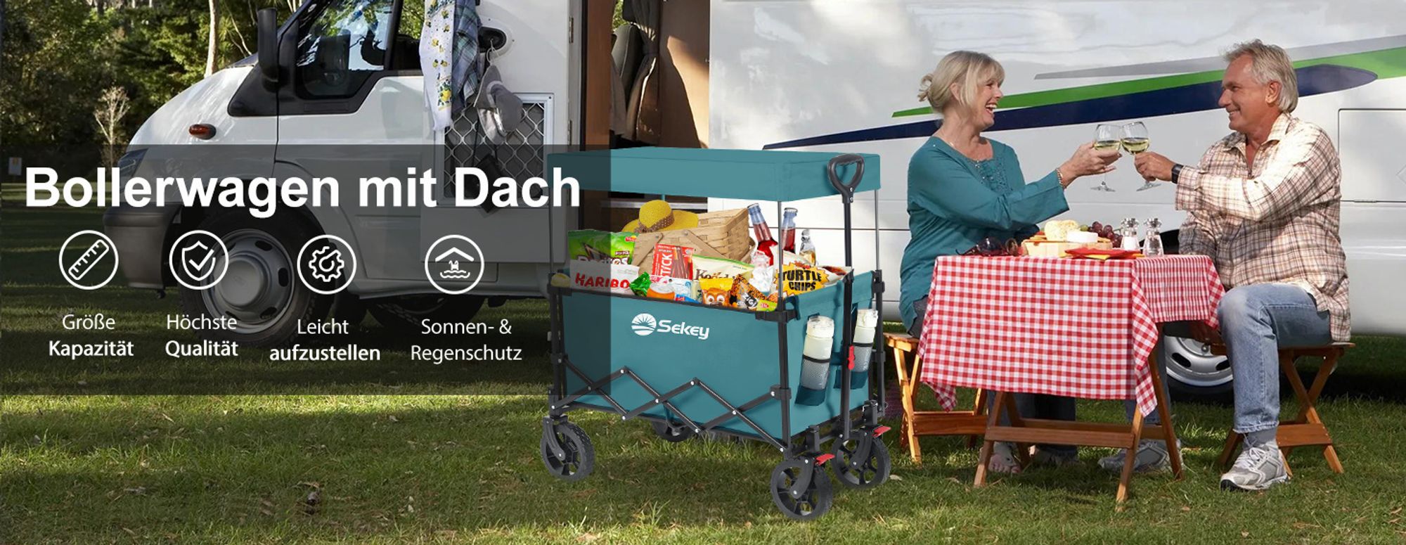 Sekey Bollerwagen mit Dach, Handwagen bis 150 kg belastbar, Transportkarre, Gerätewagen, Blaugrün