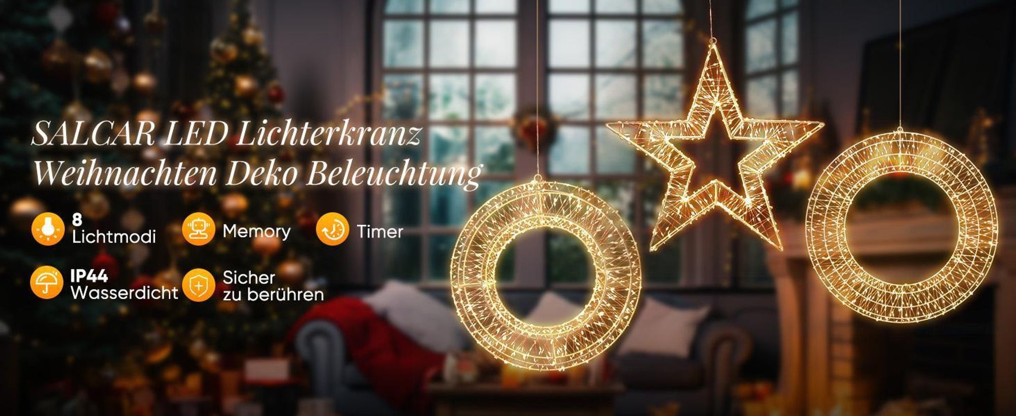 LED-Lichterkette LED Weihnachtskranz Ø45cm 720LEDs Hängekranz Weihnachtsdeko Fenster Lichterkranz Metall Türkranz Timer & Memory Innen/Außen Warmweiß