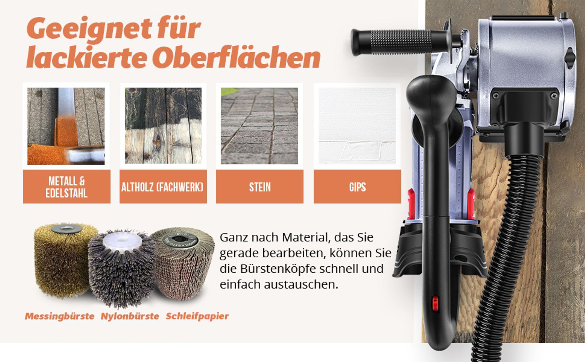 Satiniermaschine Bürstenschleifer 1500 W inkl. Stahldraht & Nylon & Schleifpapier Bürste