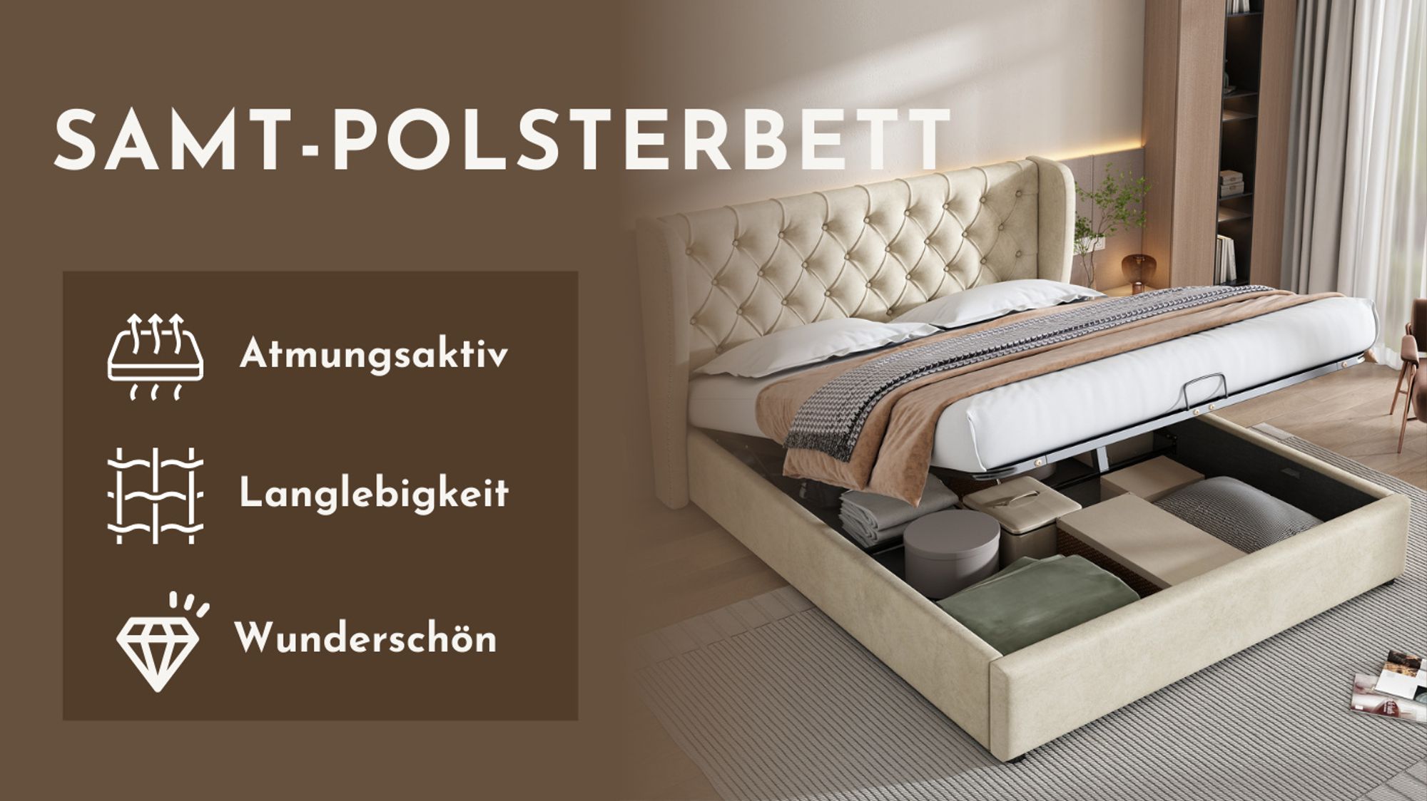 okwish Polsterbett 160×200cm Hydraulisches Doppelbett mit Stauraum, Stauraumbett Jugendbett mit Bettkasten, Samtstoff,Beige(ohne Matratze）