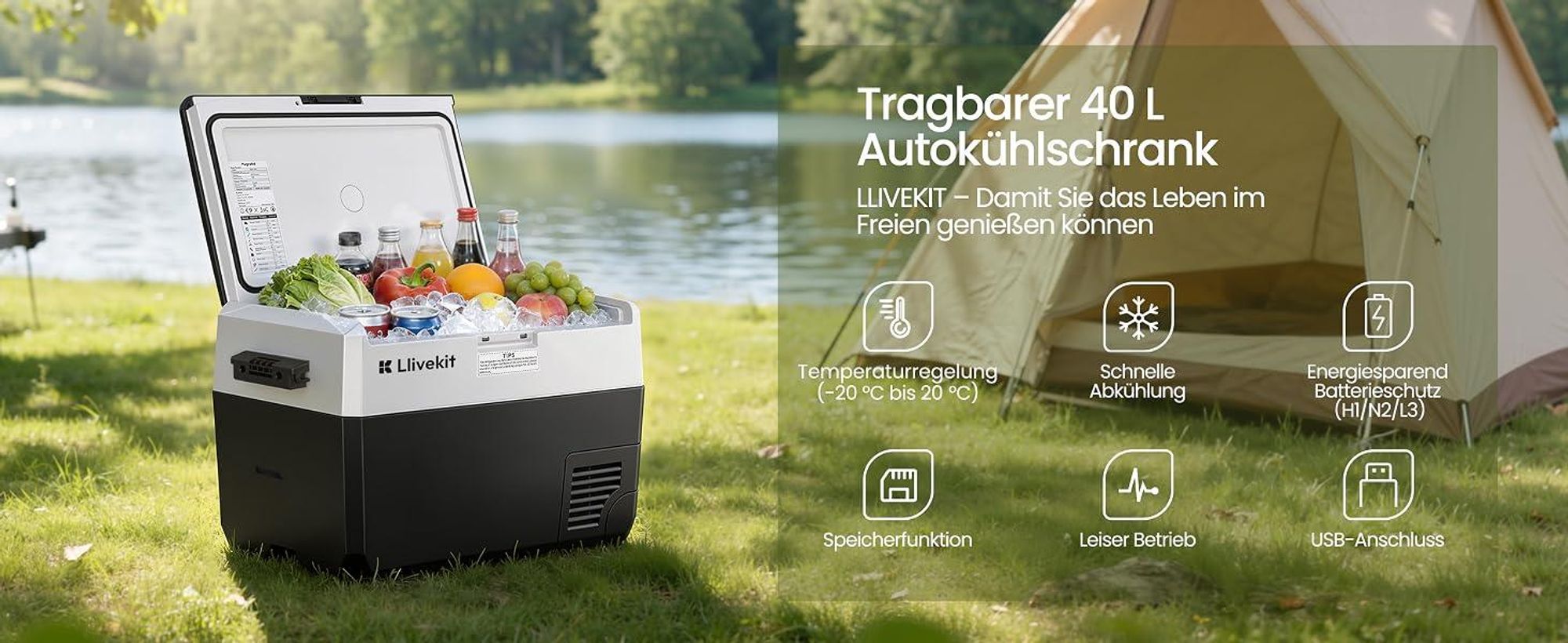 LLIVEKIT Kompressor Kühlbox 40L, -2020°C, Tragbarer Kühlschrank, 12/24V DC, 100-240V AC, Schwarz