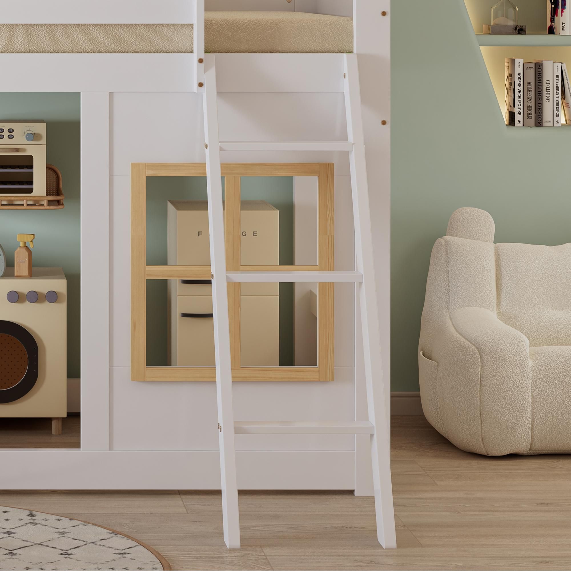 Flieks Etagenbett 90x200cm mit Rausfallschutz, Kinderbett Hausbett mit Fenster, Hochbett Einzelbett mit Leiter, Stockbett Spielbett, Weiß